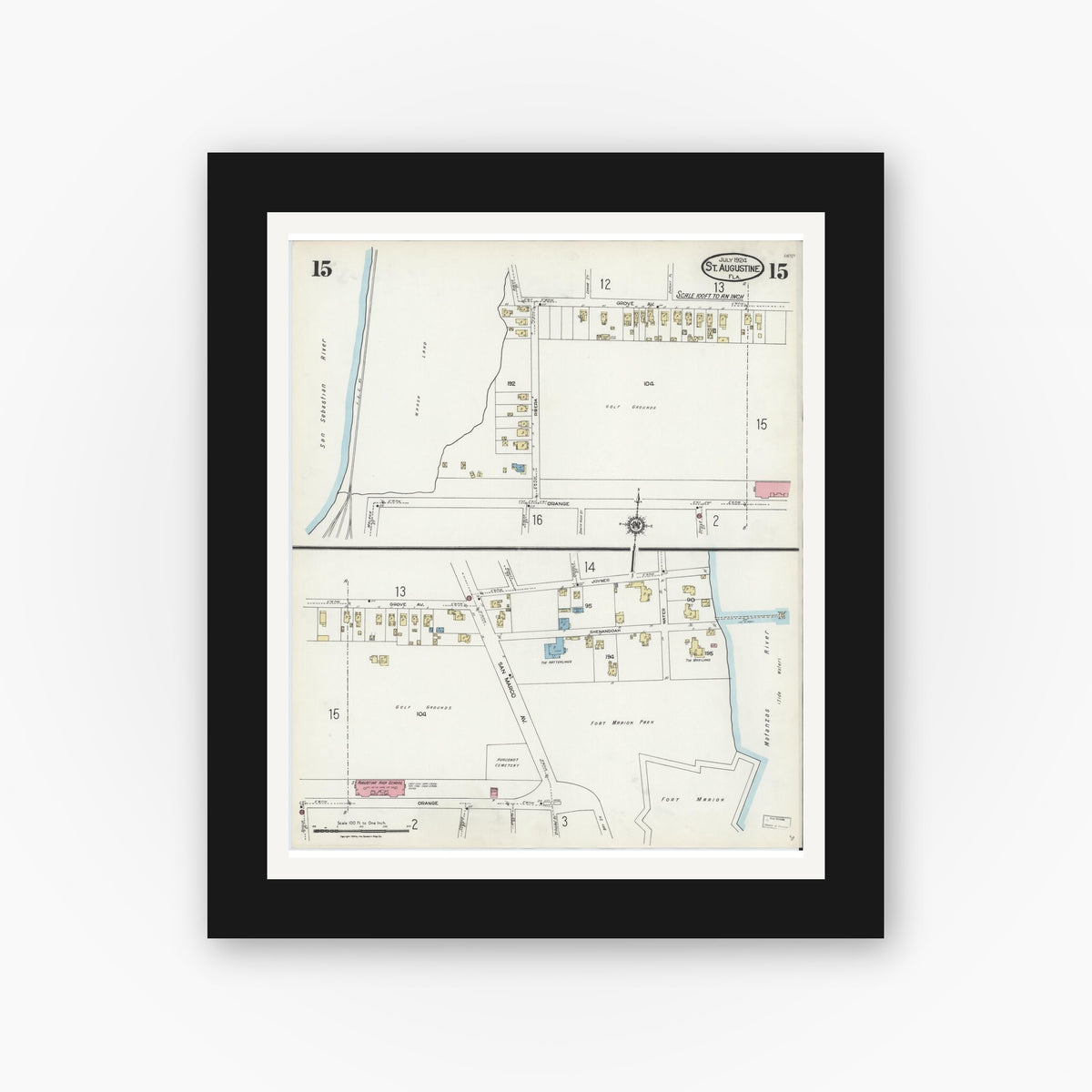 Old map wall art mockup — black gallery frame with white mat — Sanborn Fire Insurance Map from Saint Augustine, Saint John's County, Florida (1924), Sheet #0015