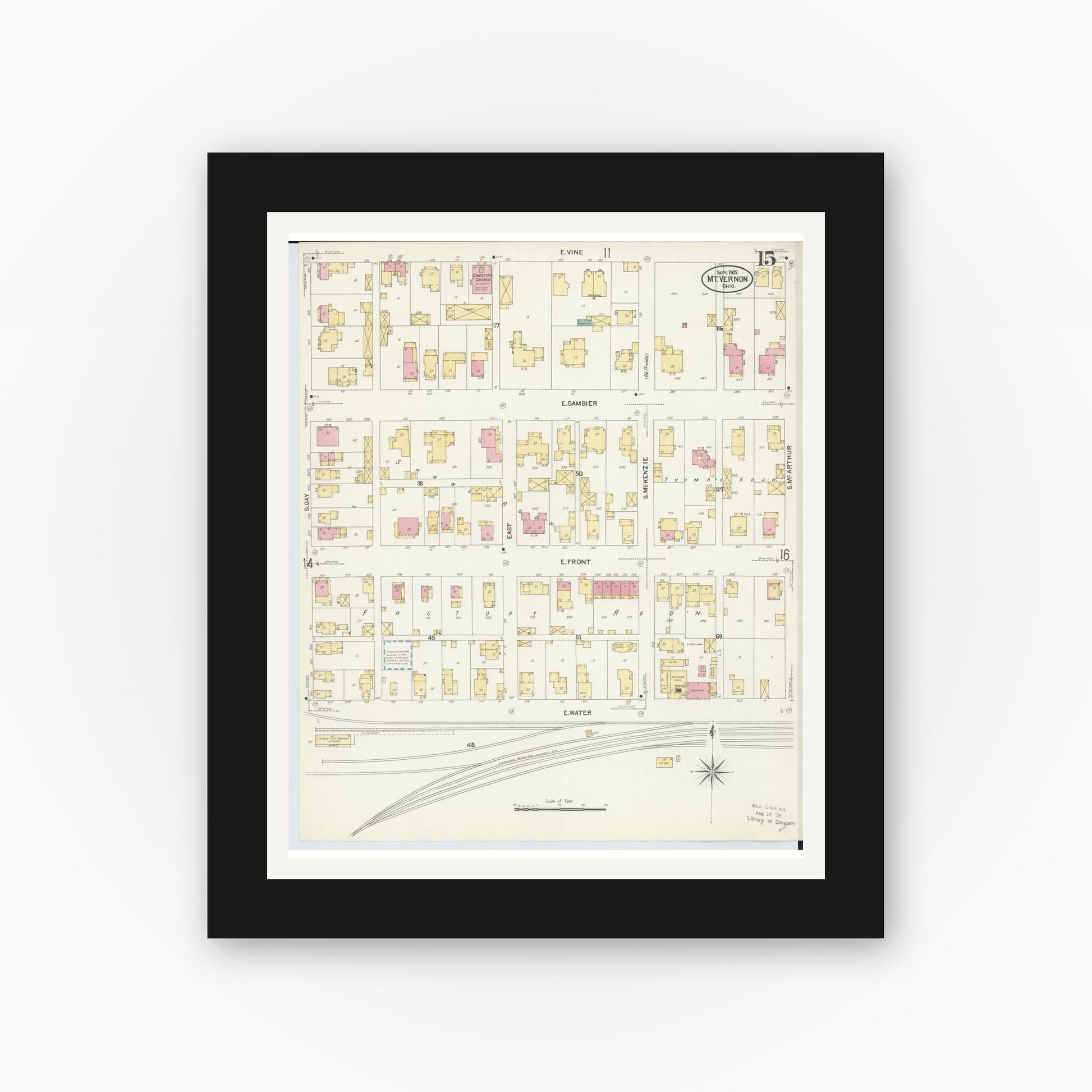 Old map wall art mockup — black gallery frame with white mat — Sanborn Fire Insurance Map from Mount Vernon, Knox County, Ohio (1907), Sheet #0015