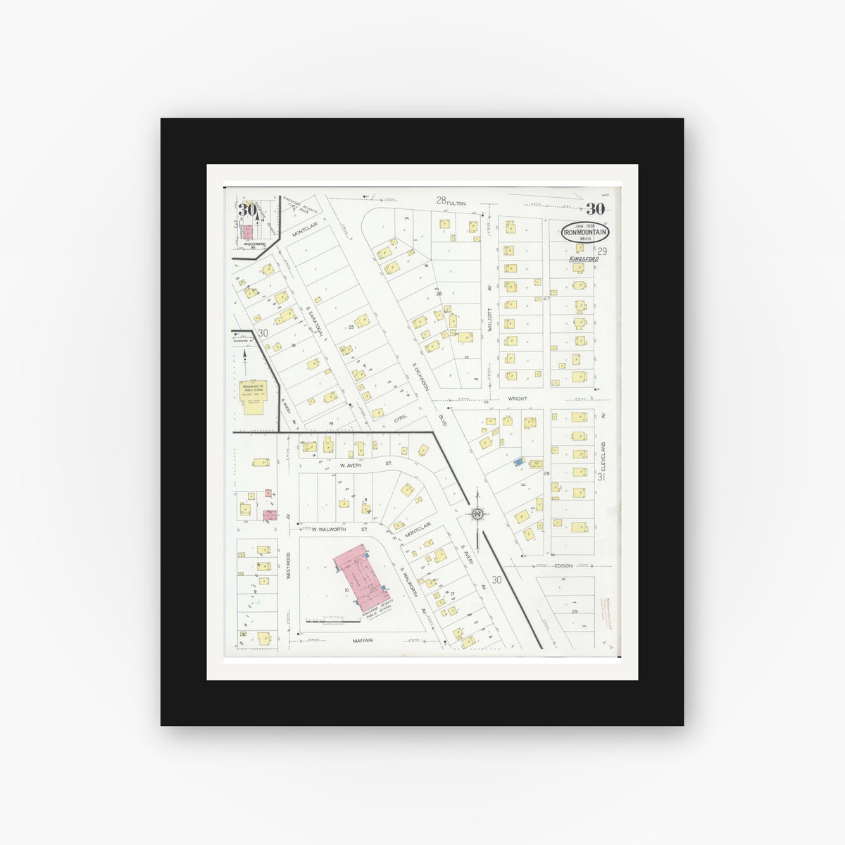 Old map wall art mockup — black gallery frame with white mat — Sanborn Fire Insurance Map from Iron Mountain, Dickinson County, Michigan (1930), Sheet #0030