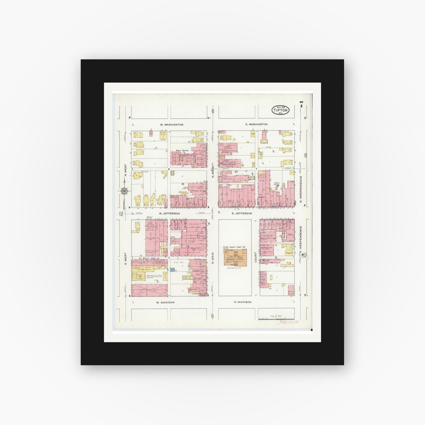 Old map wall art mockup — black gallery frame with white mat — Sanborn Fire Insurance Map from Tipton, Tipton County, Indiana (1915), Sheet #0007