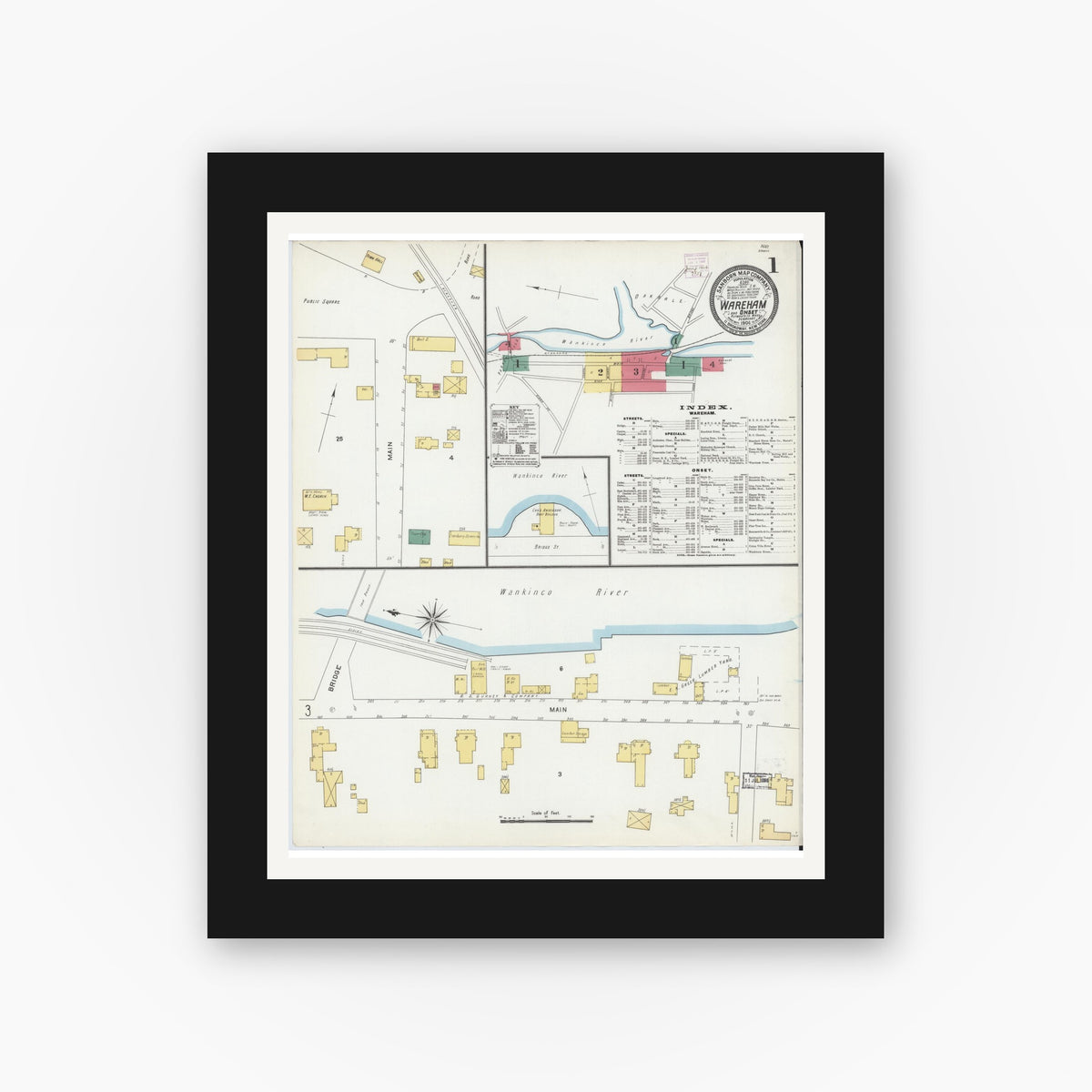 Old map wall art mockup — black gallery frame with white mat — Sanborn Fire Insurance Map from Wareham, Plymouth County, Massachusetts (1906) - Complete Map Set