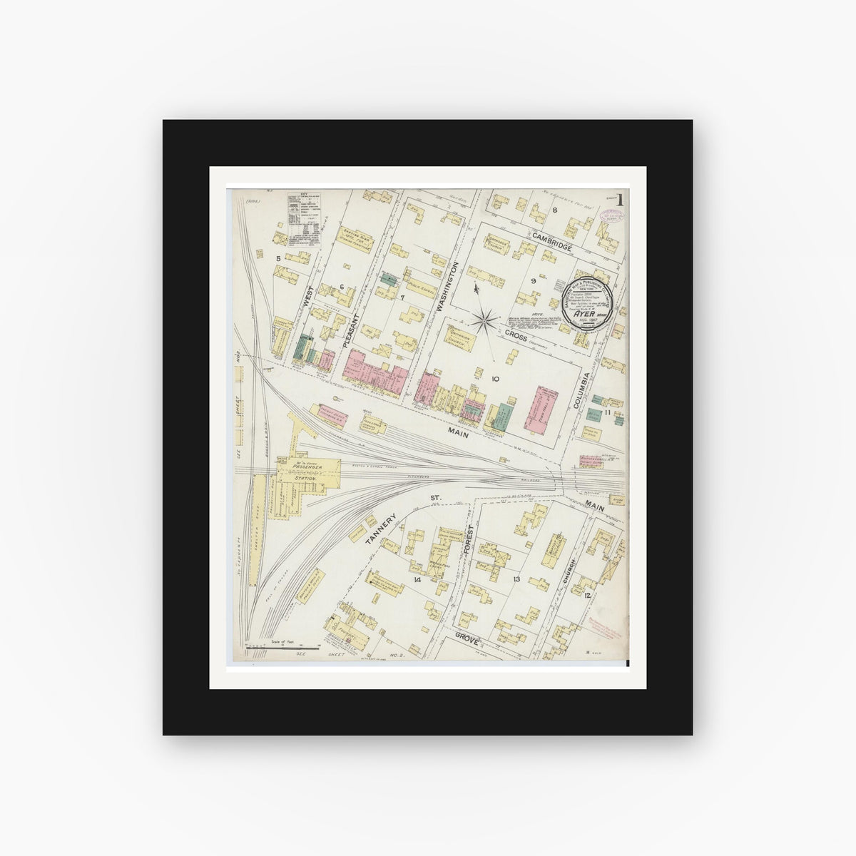 Old map wall art mockup — black gallery frame with white mat — Sanborn Fire Insurance Map from Ayer, Middlesex County, Massachusetts (1887) - Complete Map Set
