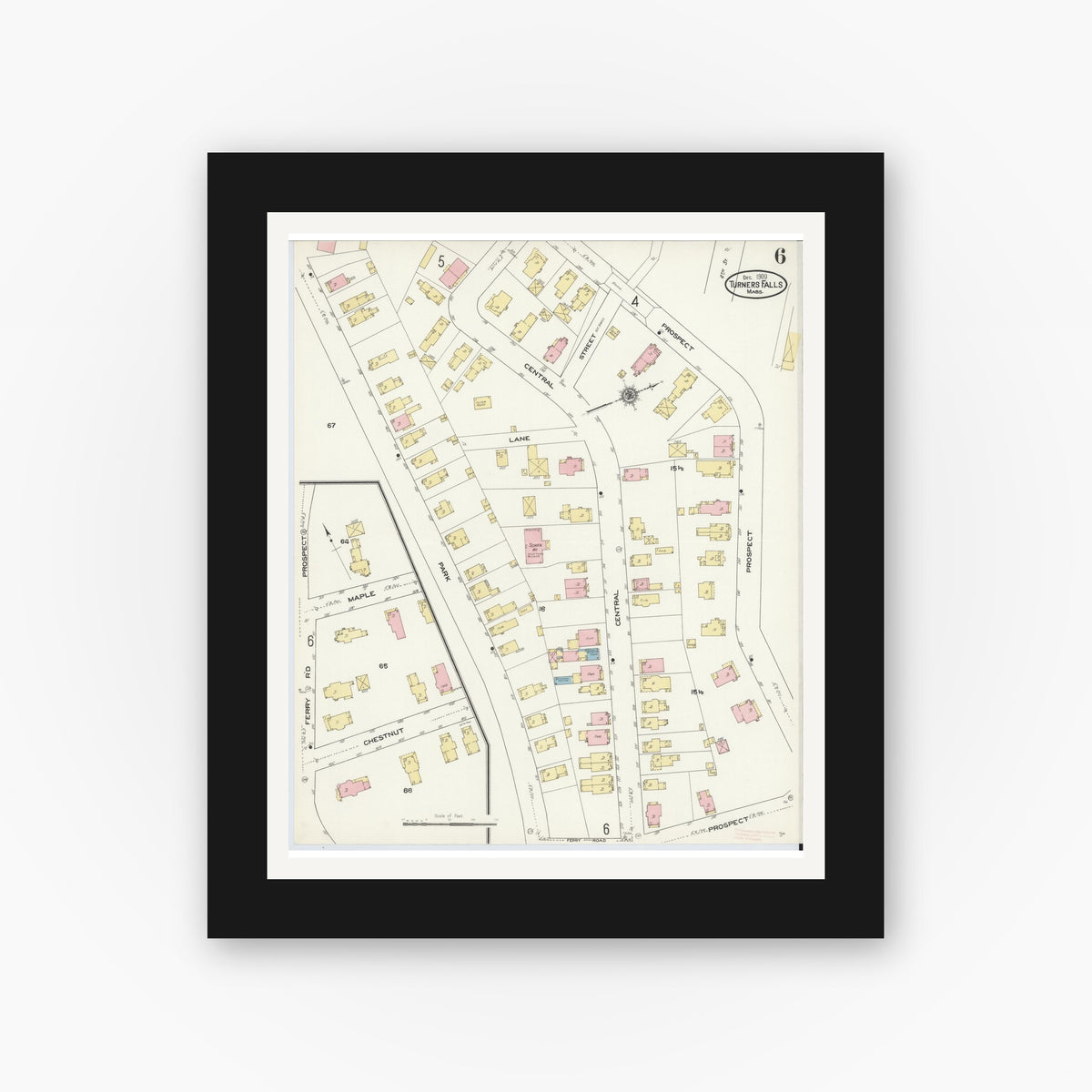Old map wall art mockup — black gallery frame with white mat — Sanborn Fire Insurance Map from Turners Falls, Franklin County, Massachusetts (1909), Sheet #0006