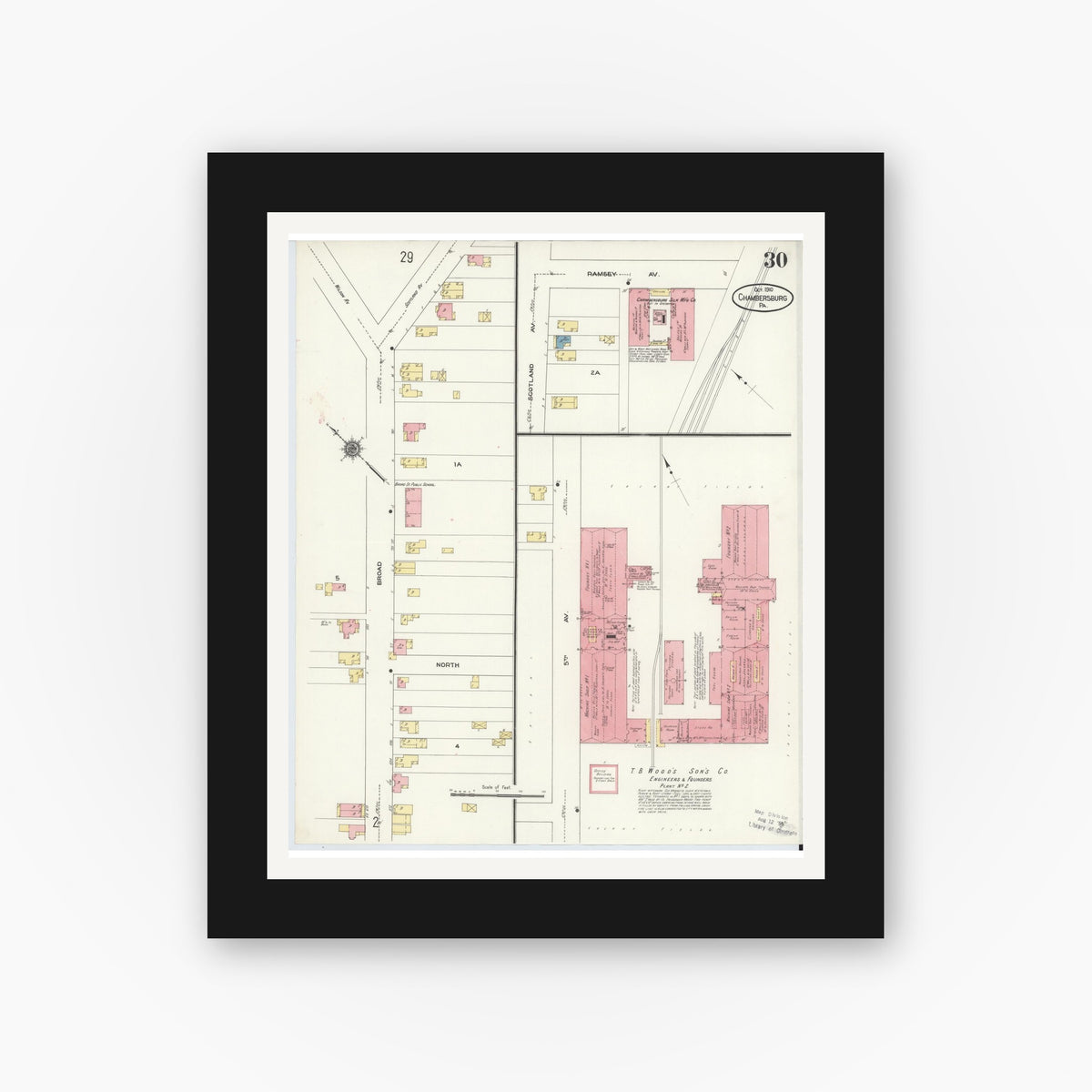 Old map wall art mockup — black gallery frame with white mat — Sanborn Fire Insurance Map from Chambersburg, Franklin County, Pennsylvania (1910), Sheet #0030