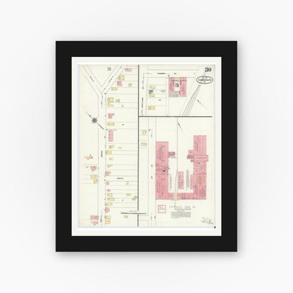 Old map wall art mockup — black gallery frame with white mat — Sanborn Fire Insurance Map from Chambersburg, Franklin County, Pennsylvania (1910), Sheet #0030