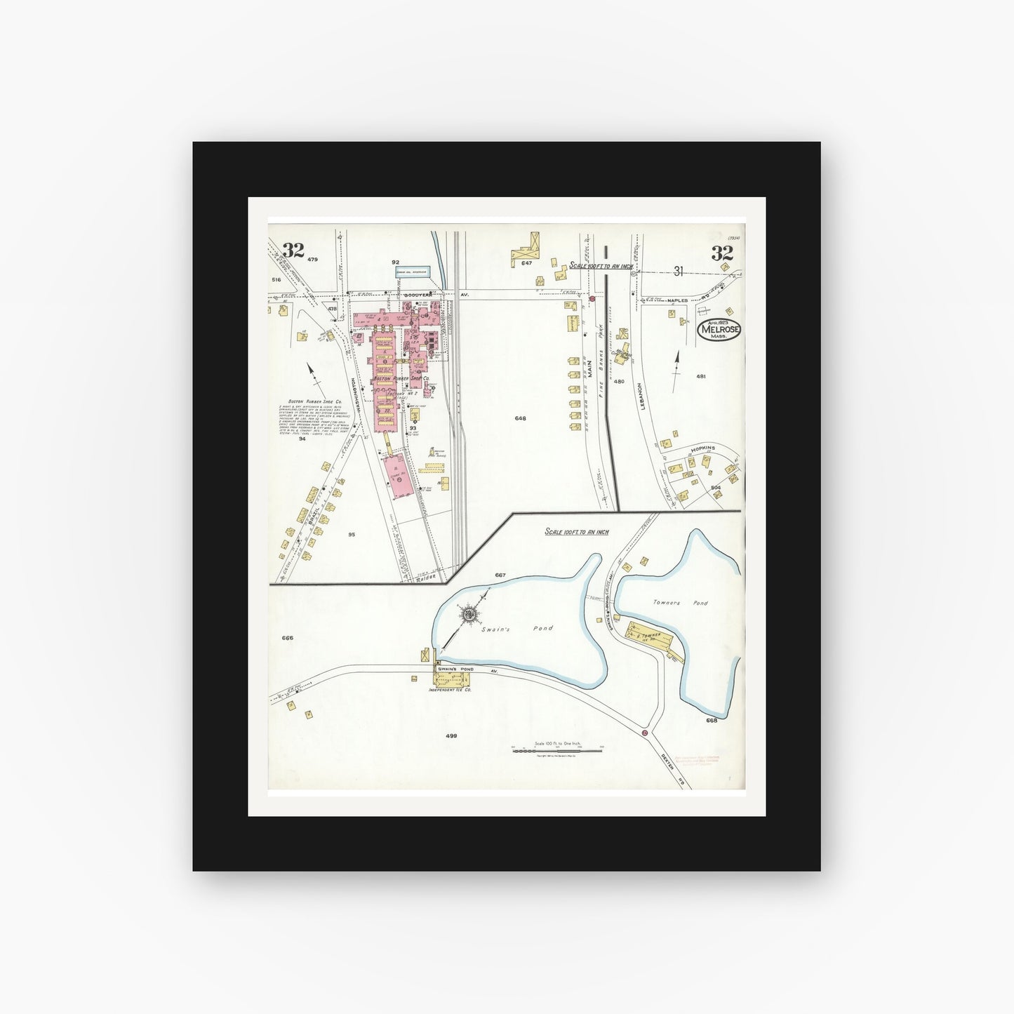 Old map wall art mockup — black gallery frame with white mat — Sanborn Fire Insurance Map from Melrose, Middlesex County, Massachusetts (1923), Sheet #0032