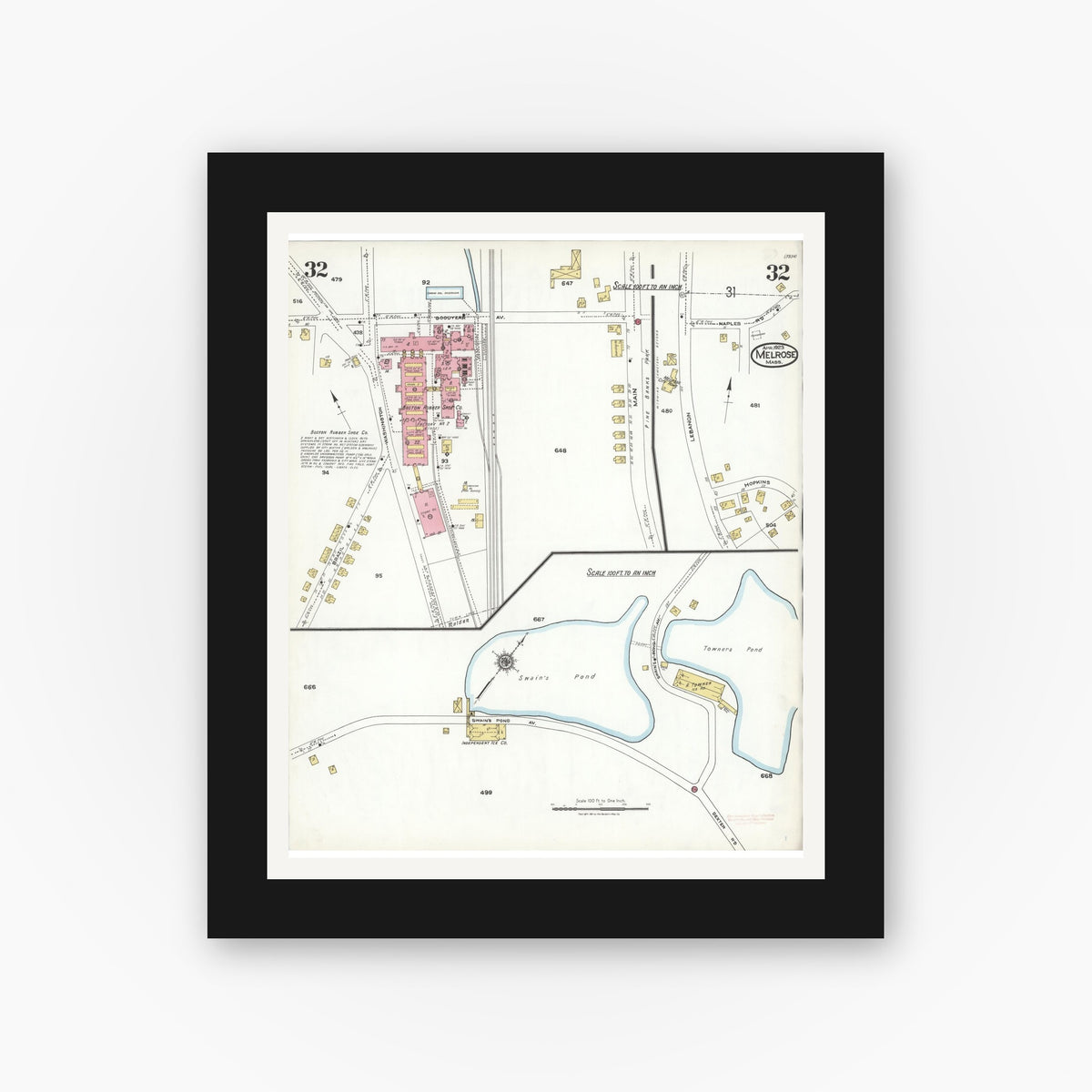 Old map wall art mockup — black gallery frame with white mat — Sanborn Fire Insurance Map from Melrose, Middlesex County, Massachusetts (1923), Sheet #0032