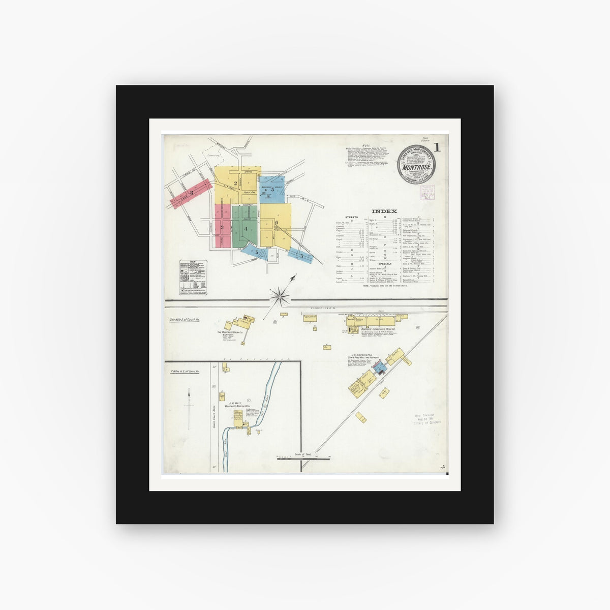 Old map wall art mockup — black gallery frame with white mat — Sanborn Fire Insurance Map from Montrose, Susquehanna County, Pennsylvania (1904), Sheet #0001