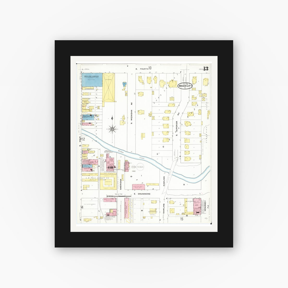 Old map wall art mockup — black gallery frame with white mat — Sanborn Fire Insurance Map from Mason City, Cerro Gordo County, Iowa (1909), Sheet #0013