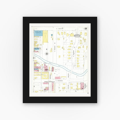 Old map wall art mockup — black gallery frame with white mat — Sanborn Fire Insurance Map from Mason City, Cerro Gordo County, Iowa (1909), Sheet #0013