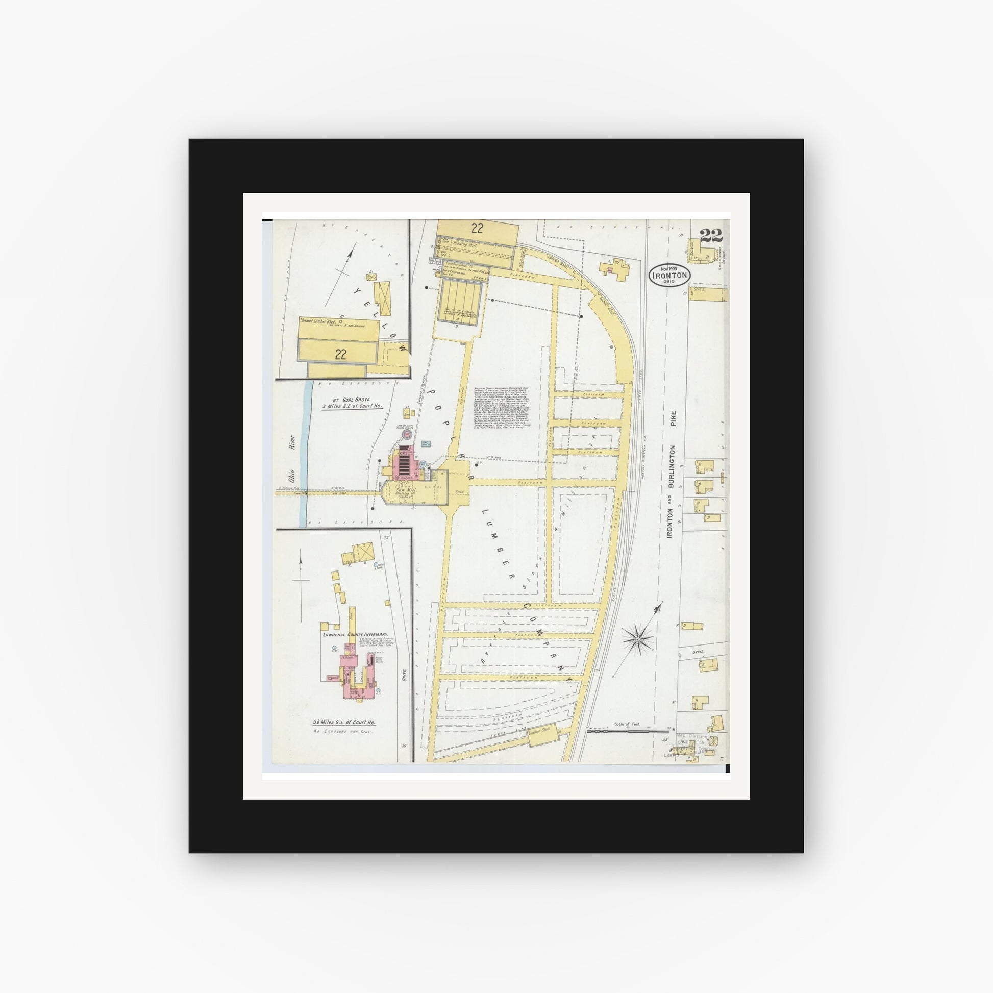 Old map wall art mockup — black gallery frame with white mat — Sanborn Fire Insurance Map from Ironton, Lawrence County, Ohio (1900), Sheet #0022