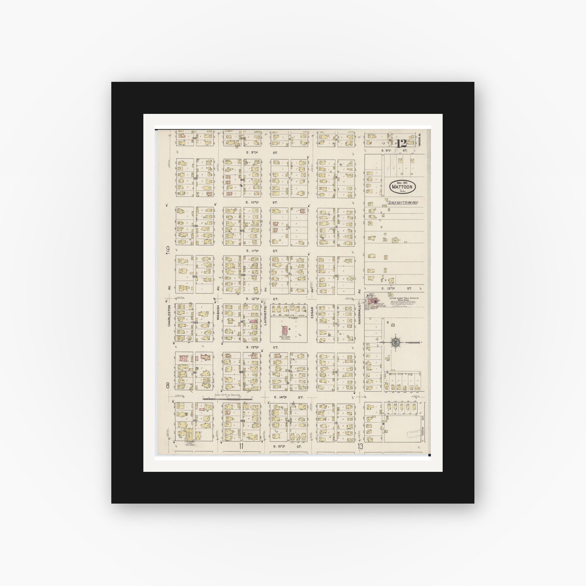 Old map wall art mockup — black gallery frame with white mat — Sanborn Fire Insurance Map from Mattoon, Coles County, Illinois (1915), Sheet #0012