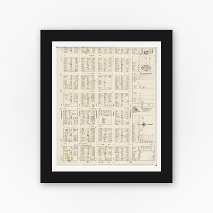 Old map wall art mockup — black gallery frame with white mat — Sanborn Fire Insurance Map from Mattoon, Coles County, Illinois (1915), Sheet #0012