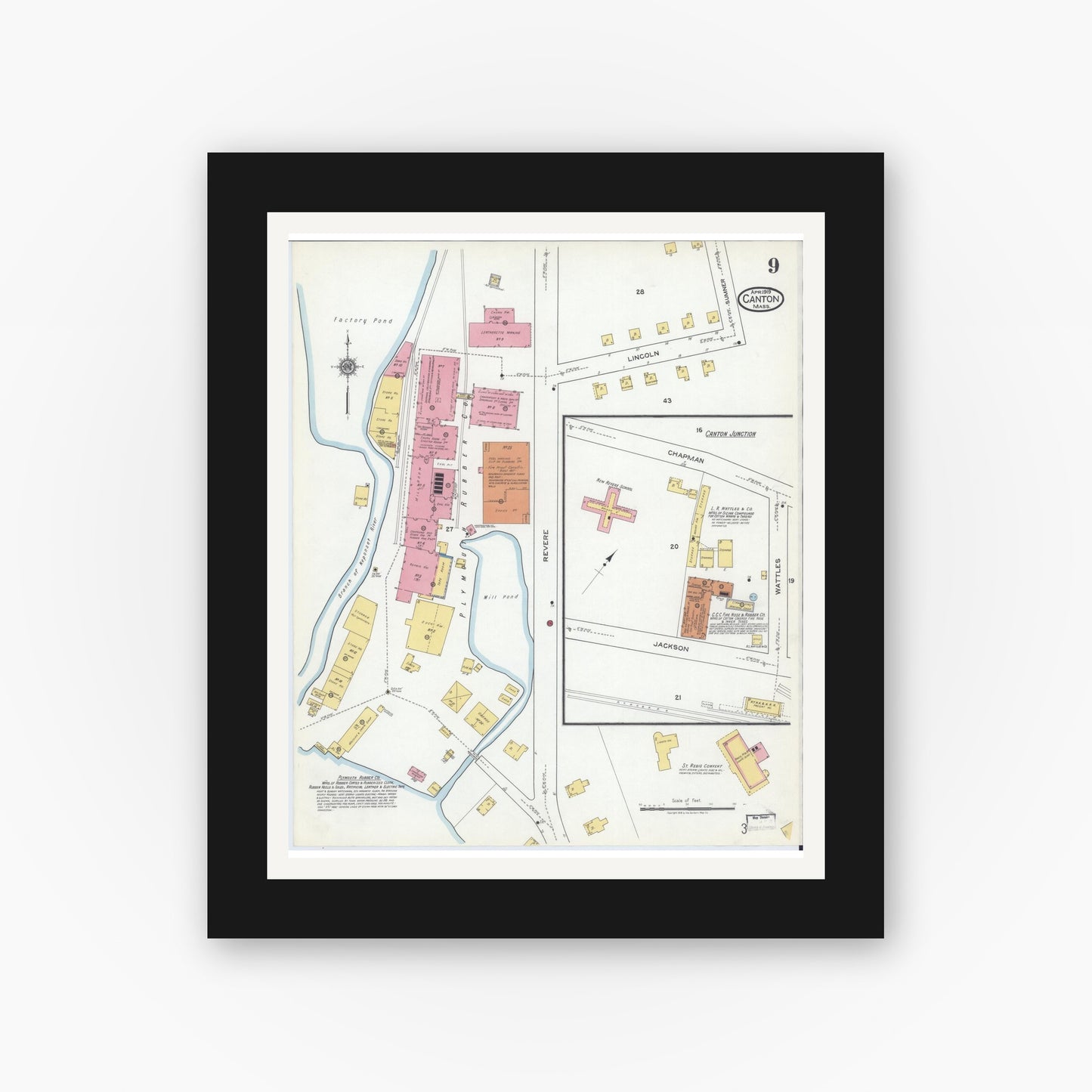 Old map wall art mockup — black gallery frame with white mat — Sanborn Fire Insurance Map from Canton, Norfolk County, Massachusetts (1919), Sheet #0009