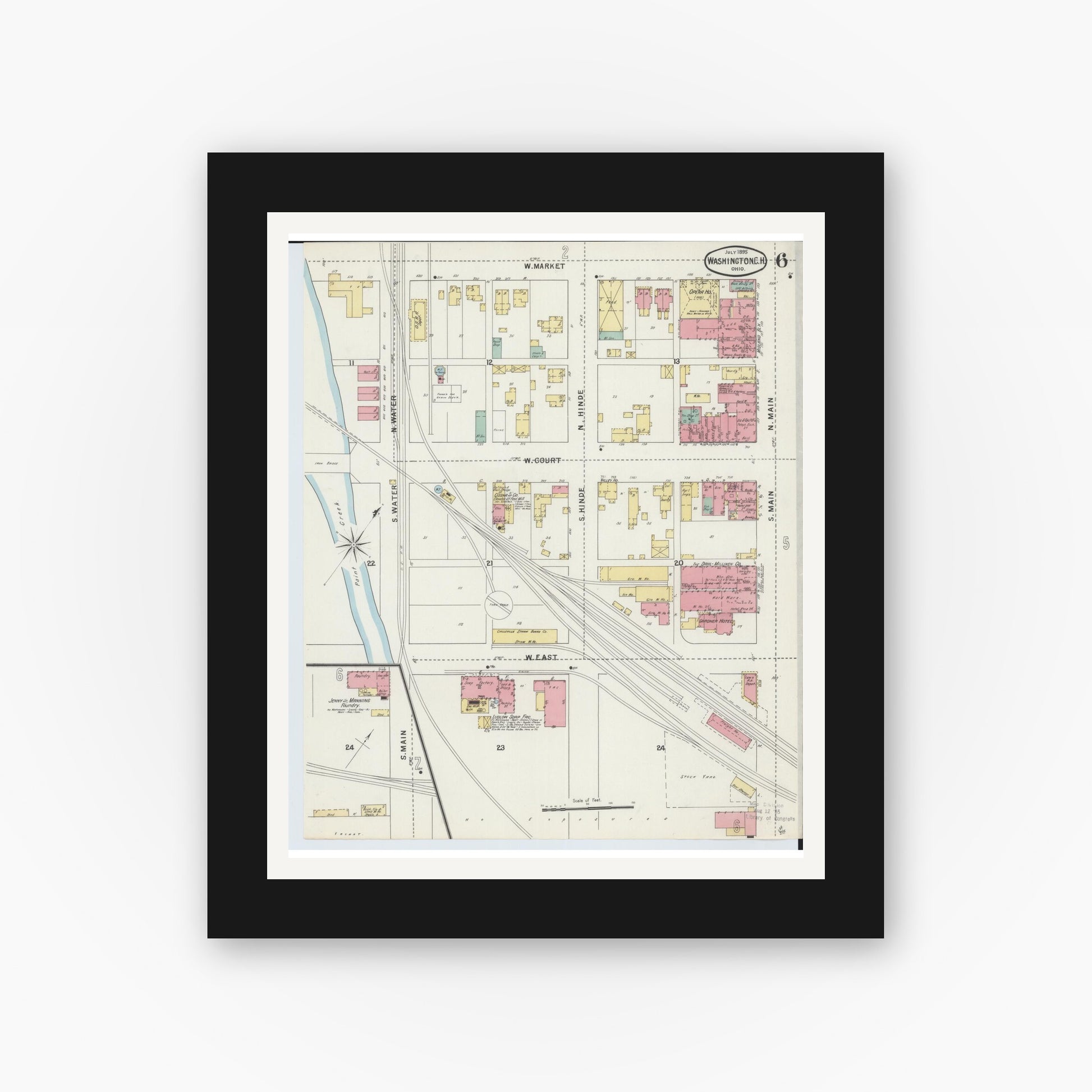 Old map wall art mockup — black gallery frame with white mat — Sanborn Fire Insurance Map from Washington Court House, Fayette County, Ohio (1895), Sheet #0006