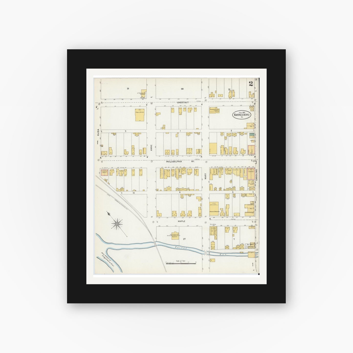 Old map wall art mockup — black gallery frame with white mat — Sanborn Fire Insurance Map from Barnesboro, Cambria County, Pennsylvania (1903), Sheet #0002