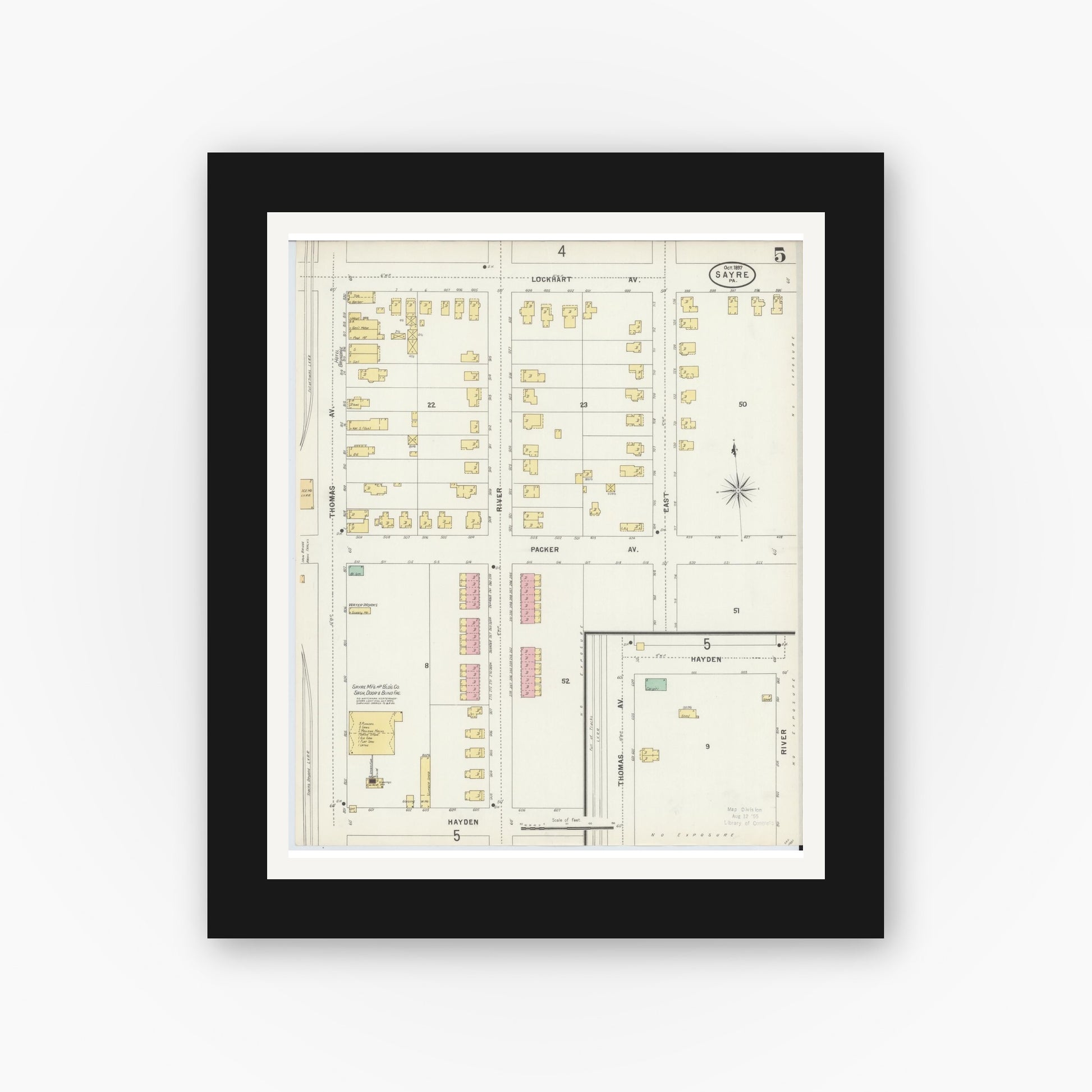 Old map wall art mockup — black gallery frame with white mat — Sanborn Fire Insurance Map from Sayre, Bradford County, Pennsylvania (1897), Sheet #0005