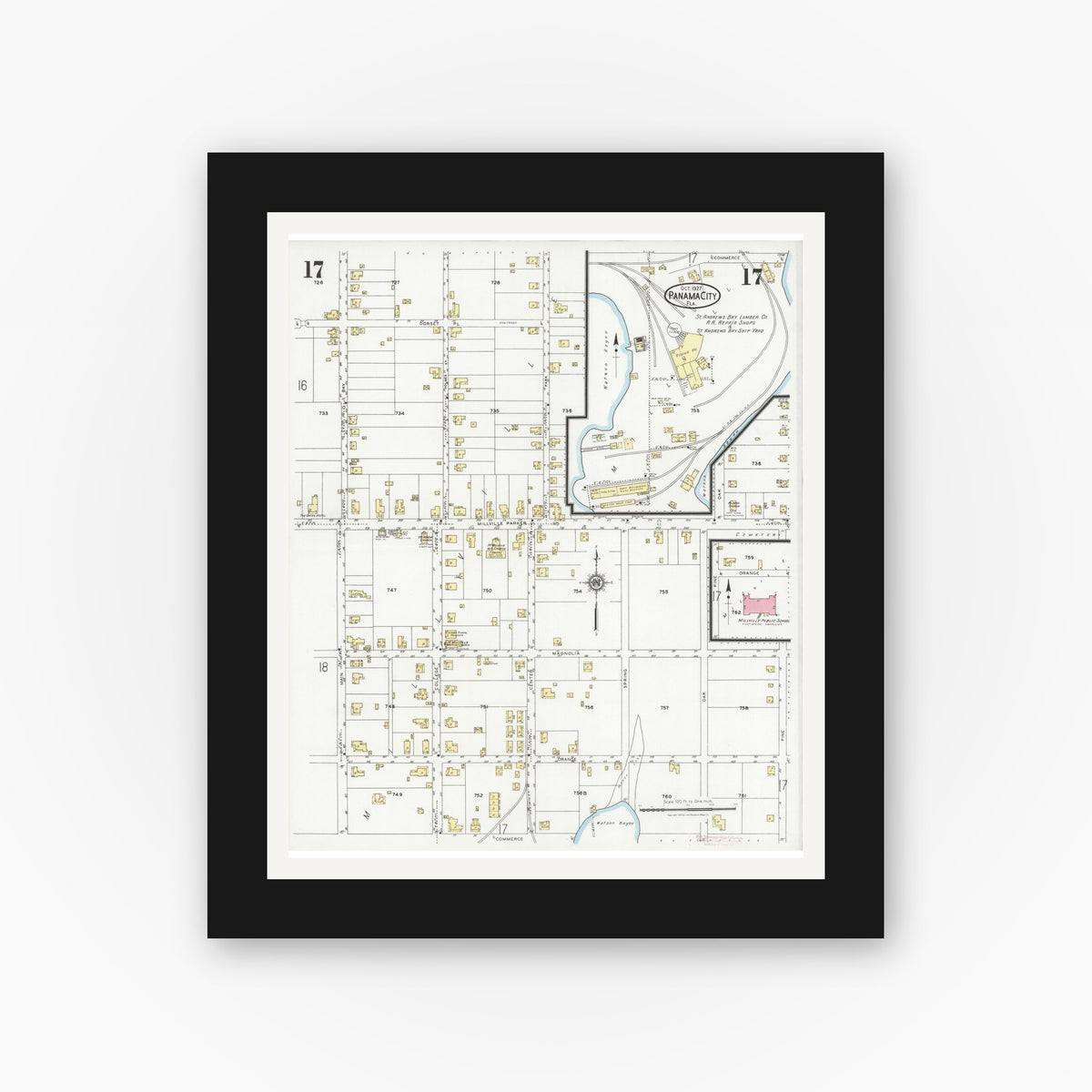Old map wall art mockup — black gallery frame with white mat — Sanborn Fire Insurance Map from Panama City, Bay County, Florida (1927), Sheet #0017