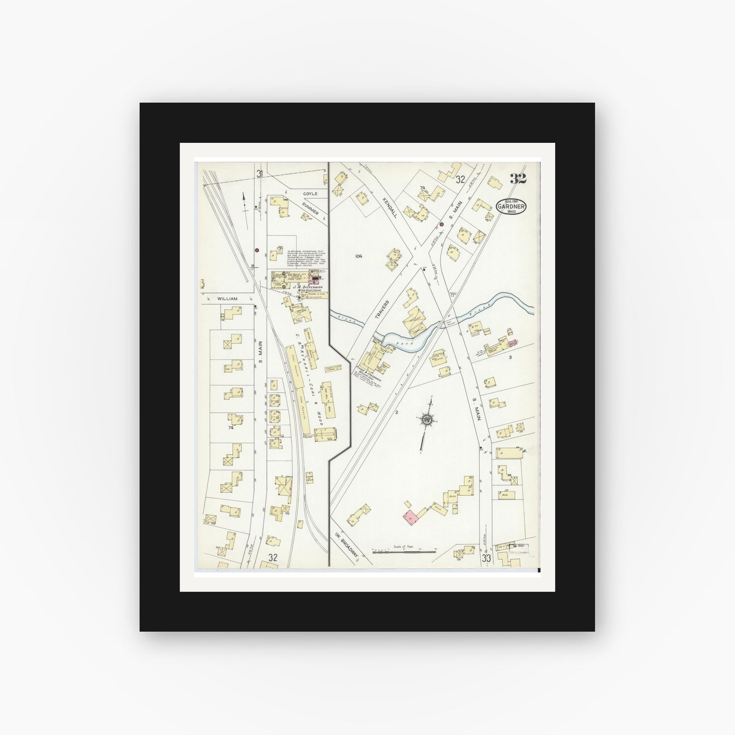 Old map wall art mockup — black gallery frame with white mat — Sanborn Fire Insurance Map from Gardner, Worcester County, Massachusetts (1914), Sheet #0032
