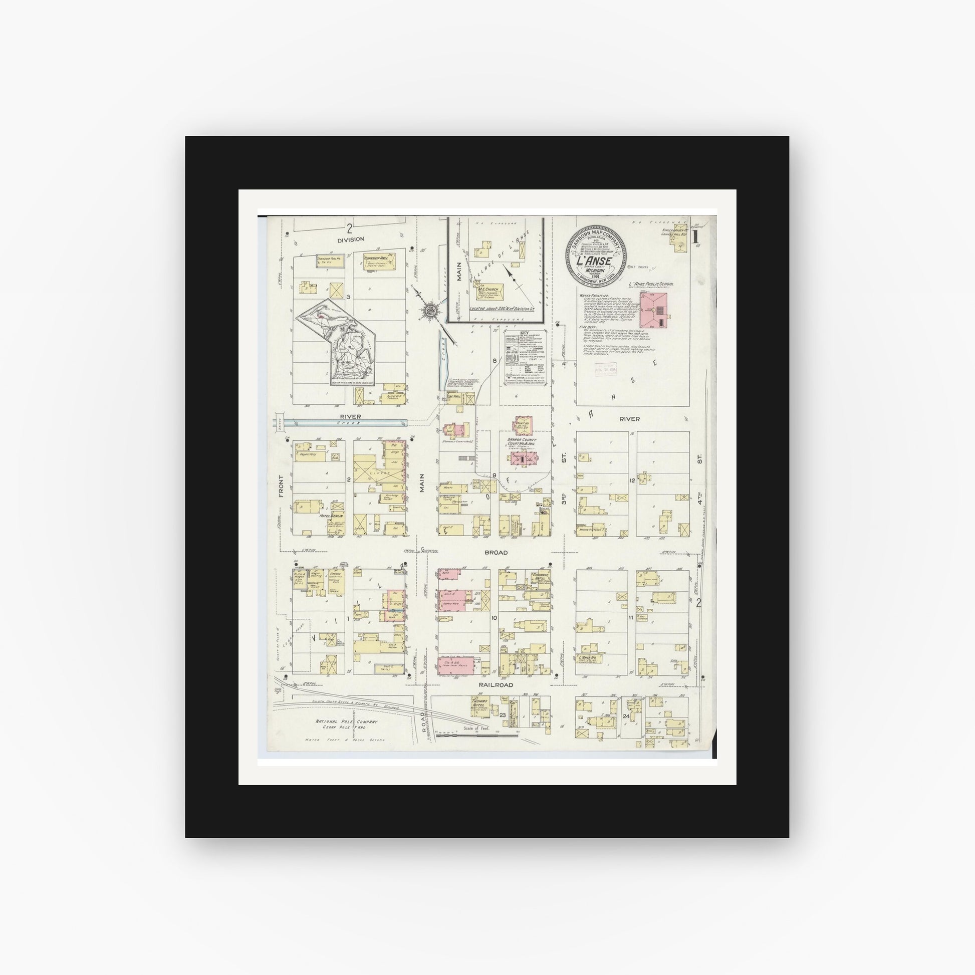 Old map wall art mockup — black gallery frame with white mat — Sanborn Fire Insurance Map from L'Anse, Baraga County, Michigan (1914) - Complete Map Set
