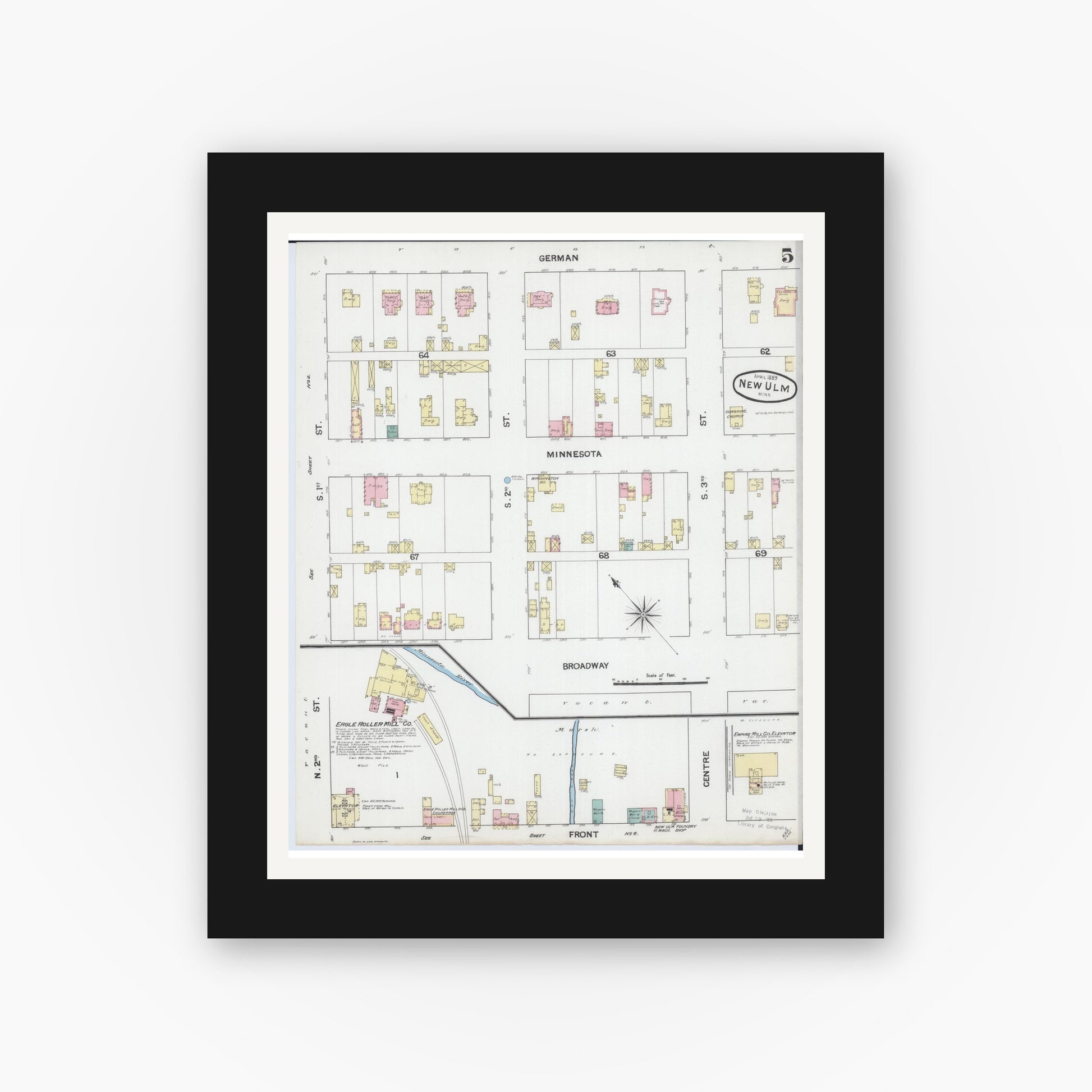 Old map wall art mockup — black gallery frame with white mat — Sanborn Fire Insurance Map from New Ulm, Brown County, Minnesota (1889), Sheet #0005
