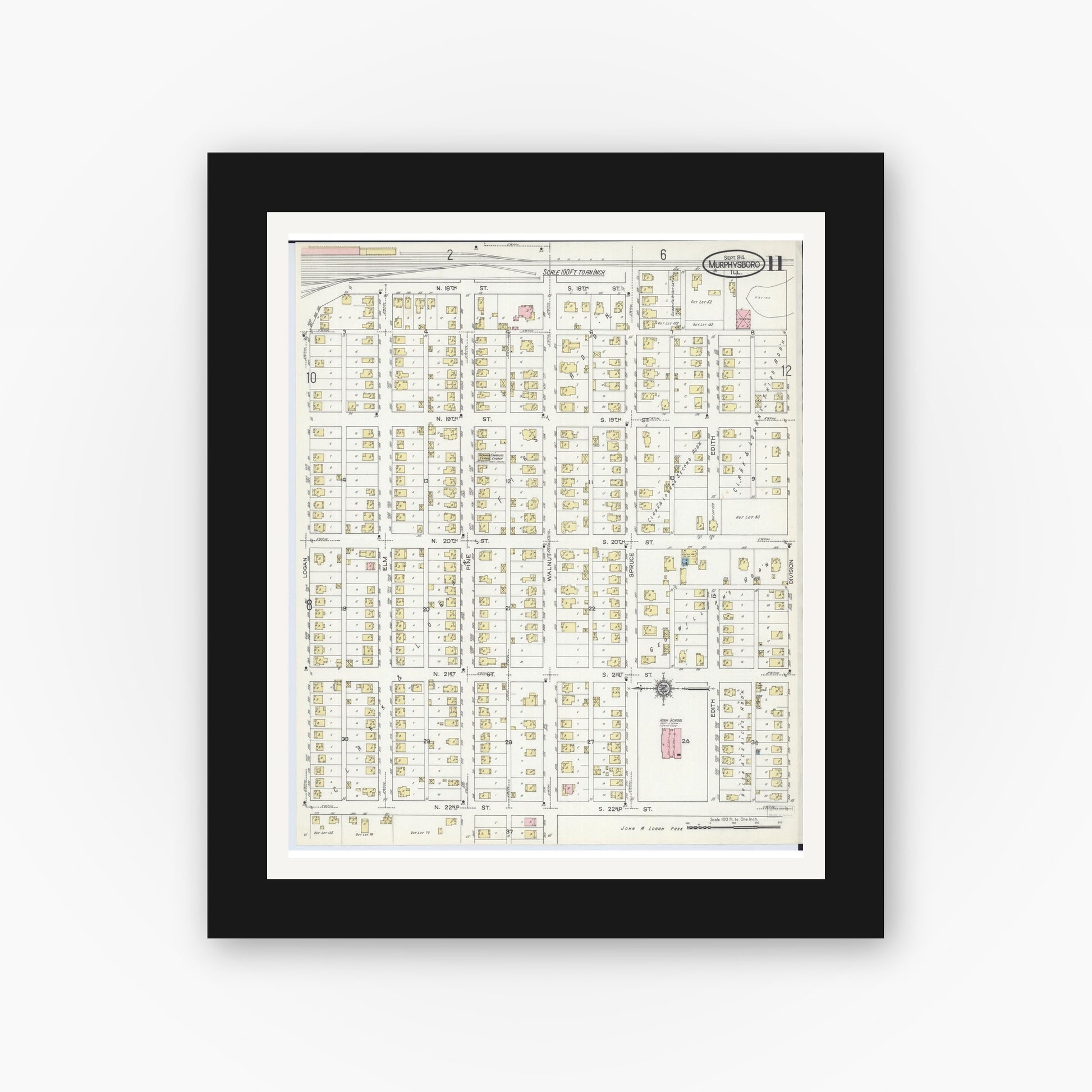 Old map wall art mockup — black gallery frame with white mat — Sanborn Fire Insurance Map from Murphysboro, Jackson County, Illinois (1914), Sheet #0011