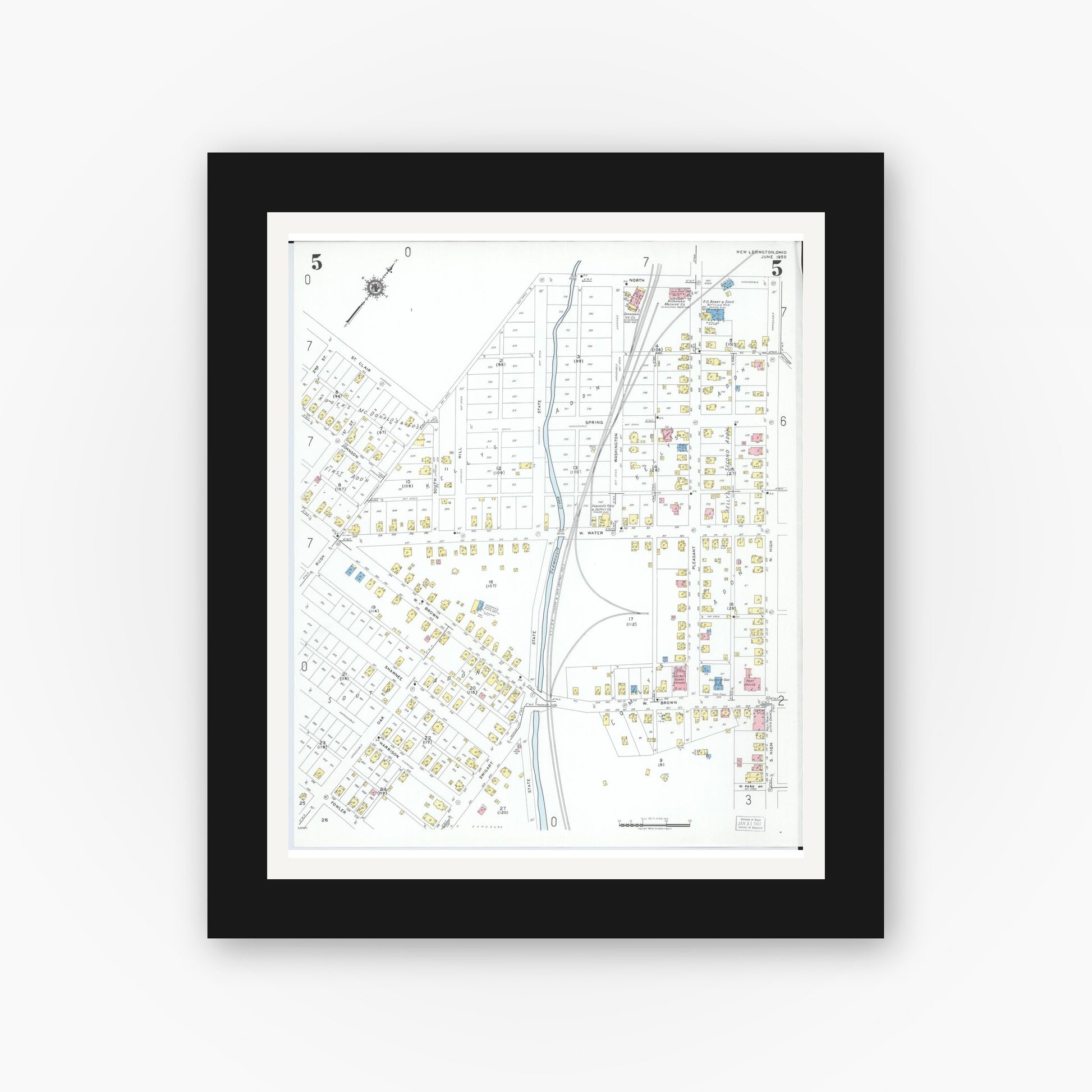 Old map wall art mockup — black gallery frame with white mat — Sanborn Fire Insurance Map from New Lexington, Perry County, Ohio (1950), Sheet #0005