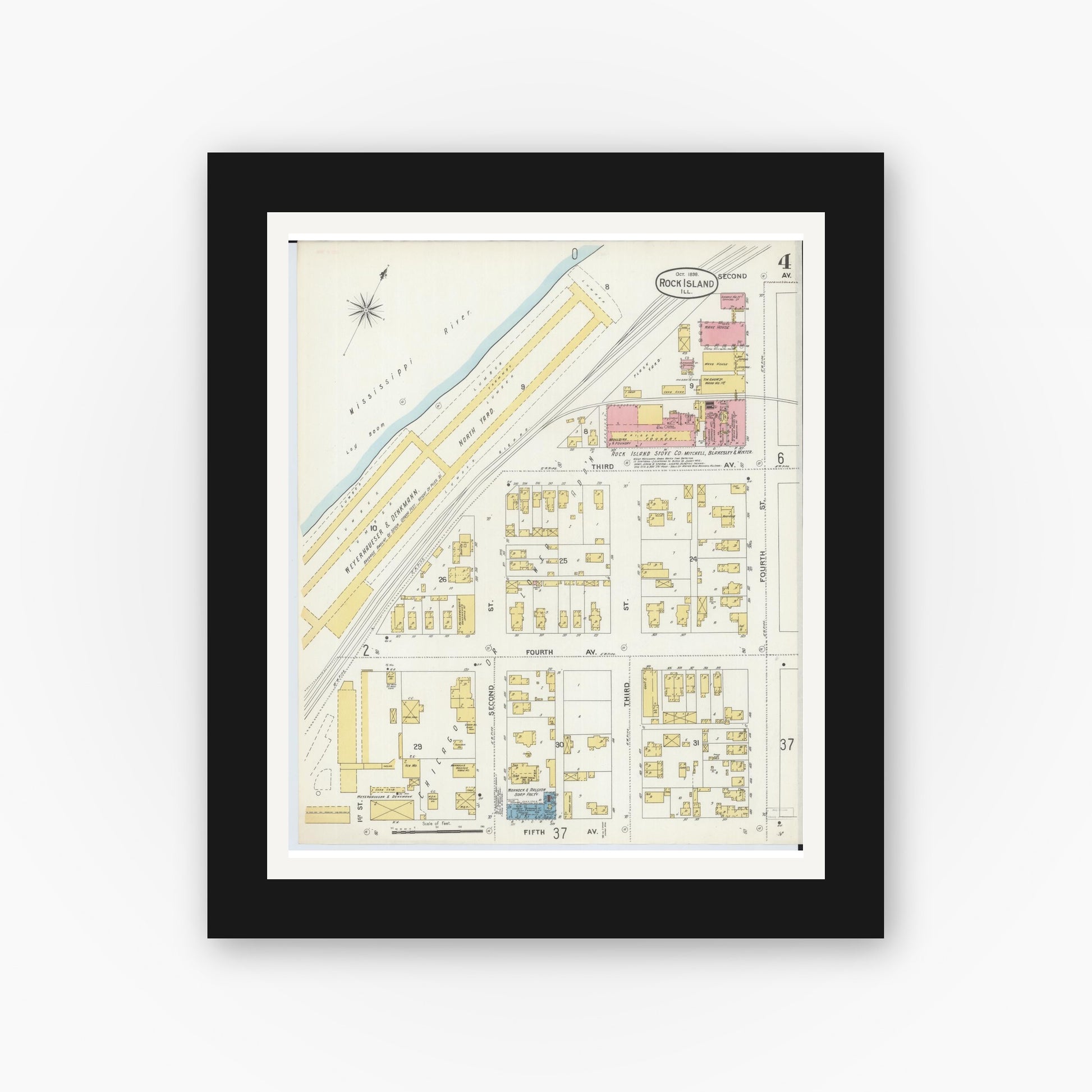 Old map wall art mockup — black gallery frame with white mat — Sanborn Fire Insurance Map from Rock Island, Rock Island County, Illinois (1898), Sheet #0004