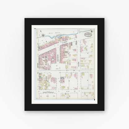 Old map wall art mockup — black gallery frame with white mat — Sanborn Fire Insurance Map from Monroe, Monroe County, Michigan (1888), Sheet #0003
