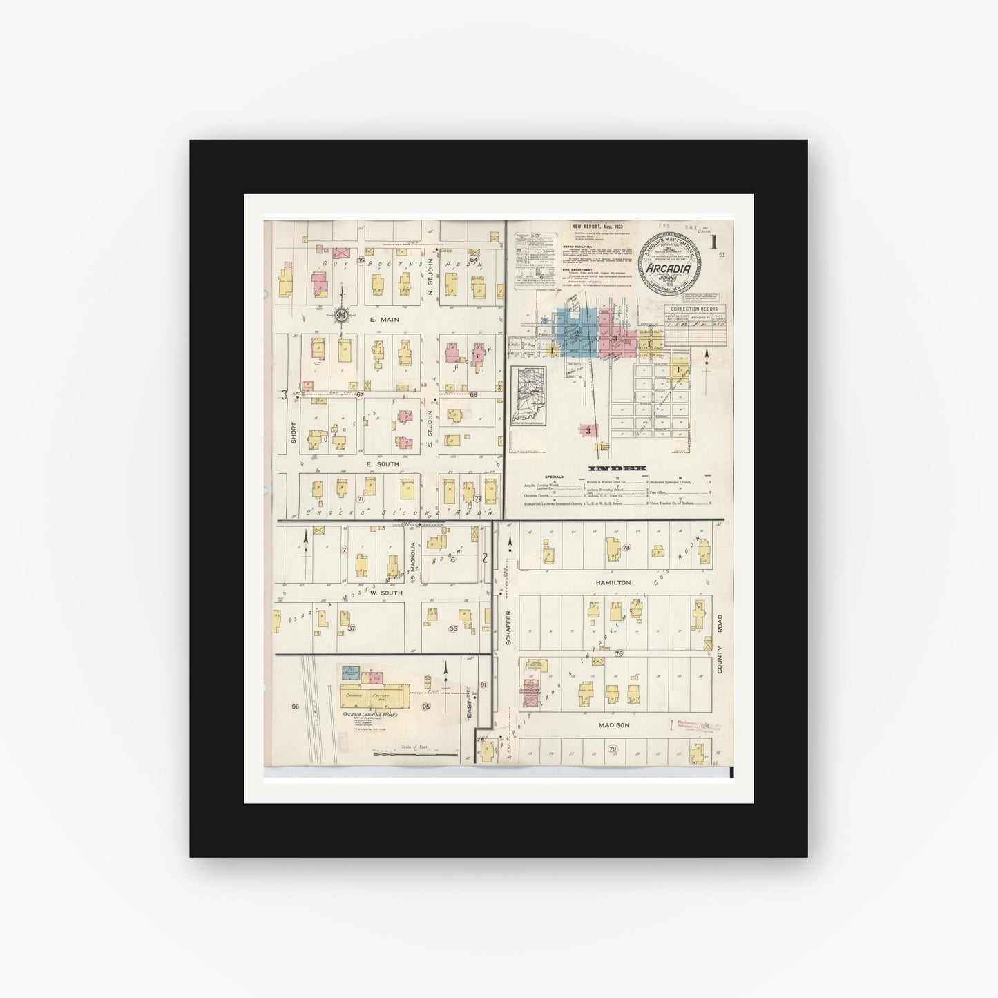 Old map wall art mockup — black gallery frame with white mat — Sanborn Fire Insurance Map from Arcadia, Hamilton County, Indiana (1933), Sheet #0001