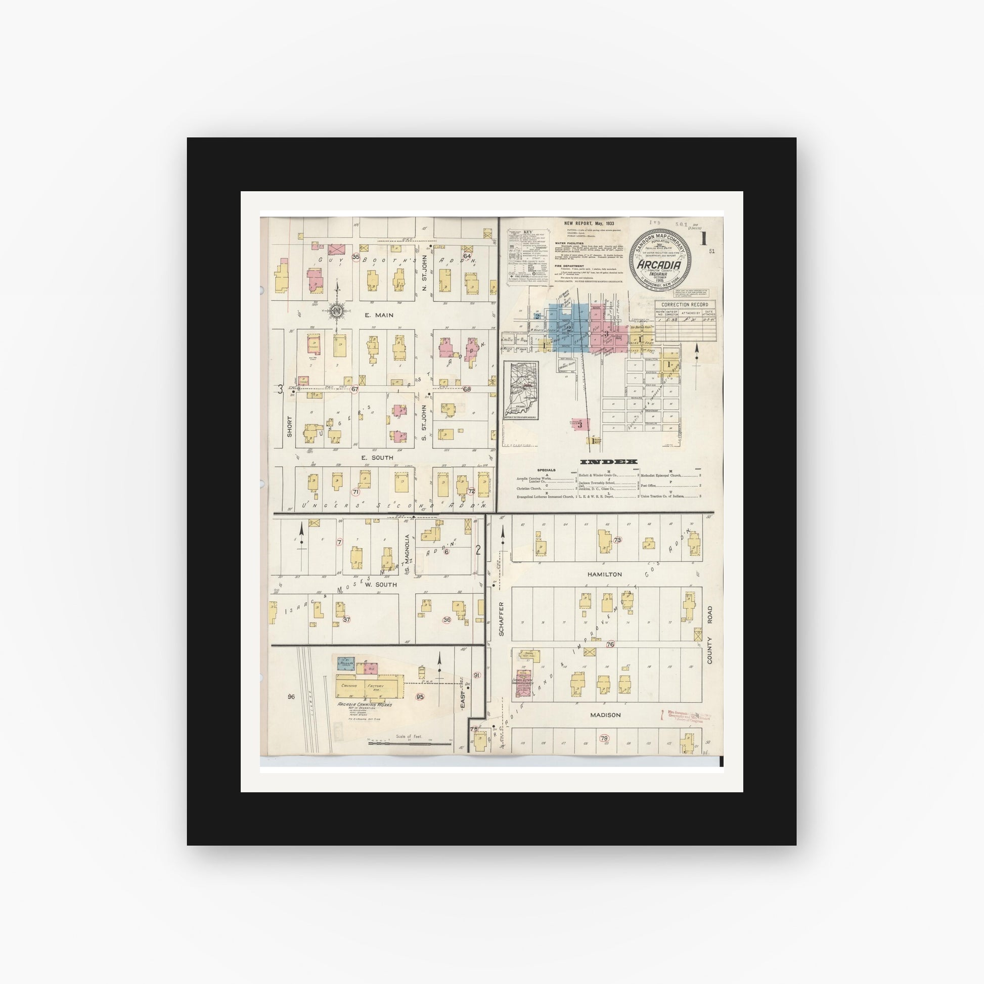 Old map wall art mockup — black gallery frame with white mat — Sanborn Fire Insurance Map from Arcadia, Hamilton County, Indiana (1933), Sheet #0001
