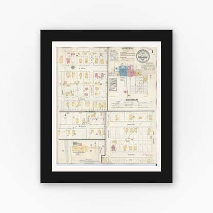 Old map wall art mockup — black gallery frame with white mat — Sanborn Fire Insurance Map from Arcadia, Hamilton County, Indiana (1933), Sheet #0001