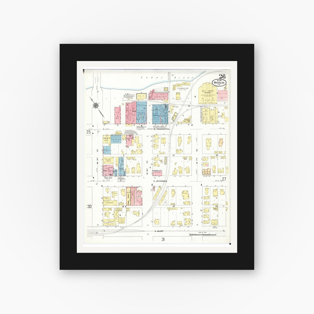 Old map wall art mockup — black gallery frame with white mat — Sanborn Fire Insurance Map from Waterloo, Black Hawk County, Iowa (1910), Sheet #0026