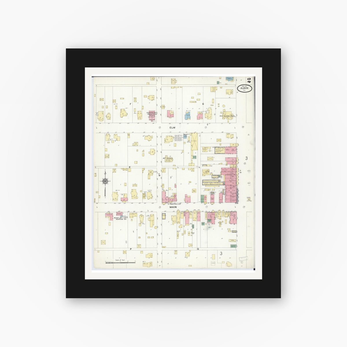 Old map wall art mockup — black gallery frame with white mat — Sanborn Fire Insurance Map from Albion, Edwards County, Illinois (1910), Sheet #0002