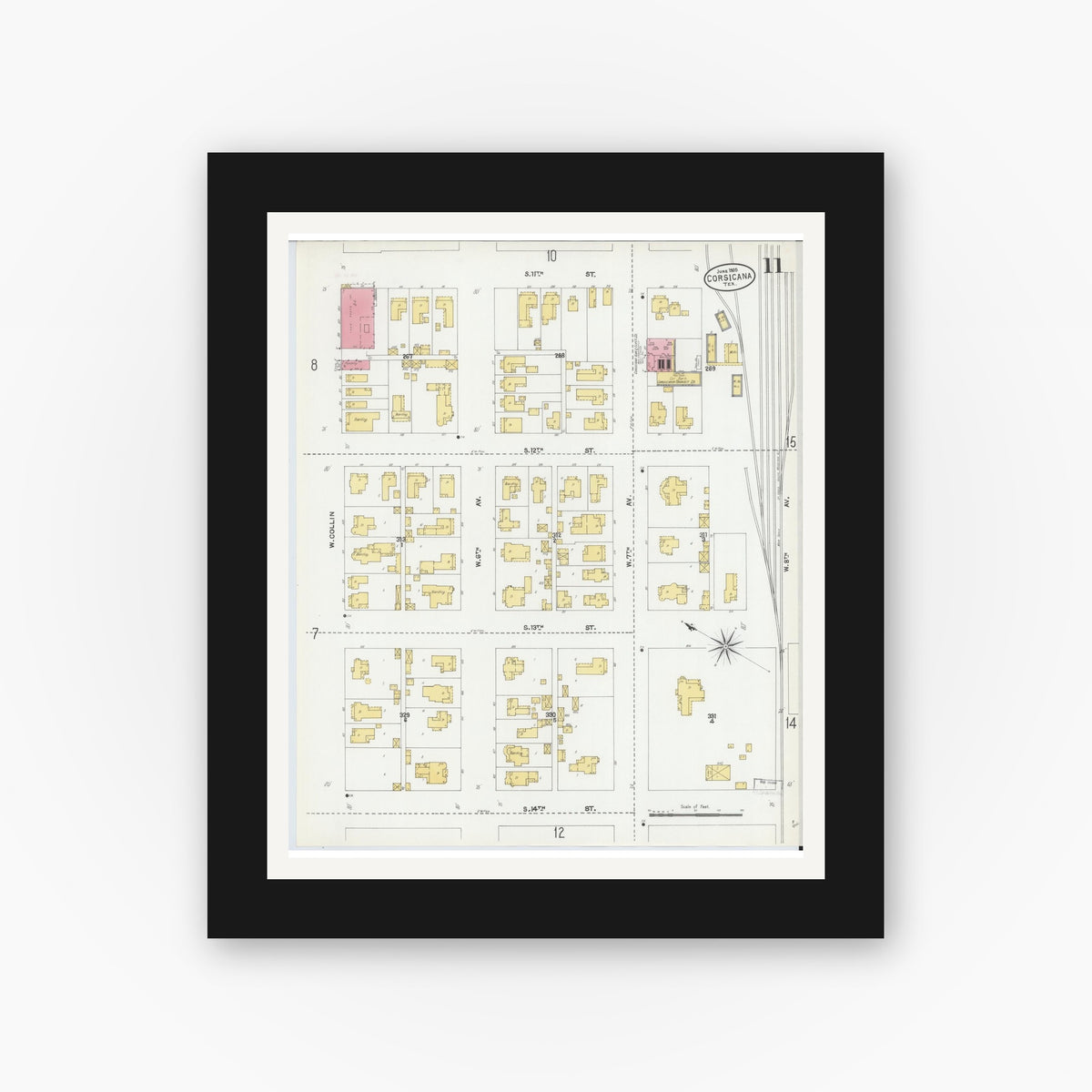 Old map wall art mockup — black gallery frame with white mat — Sanborn Fire Insurance Map from Corsicana, Navarro County, Texas (1905), Sheet #0011