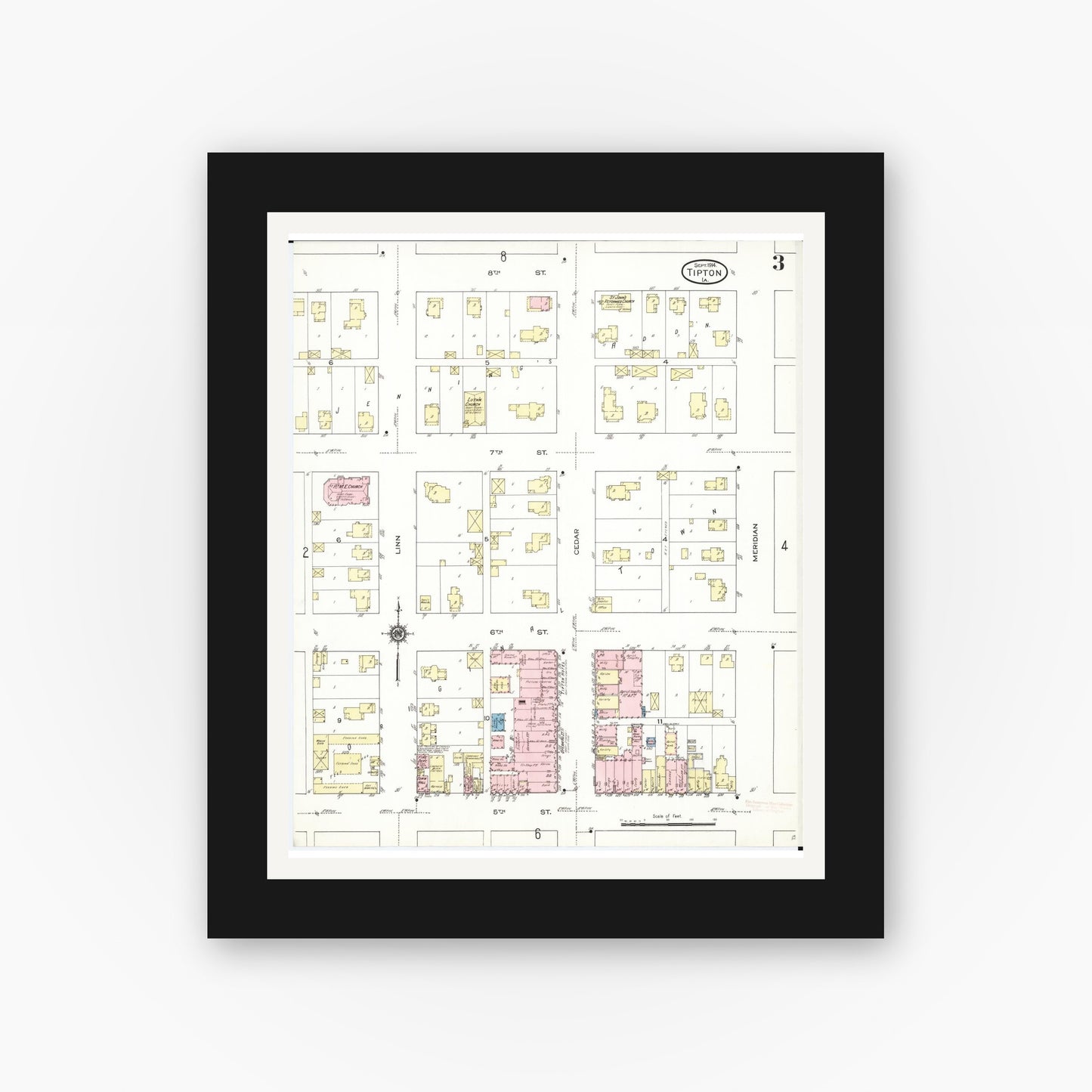 Old map wall art mockup — black gallery frame with white mat — Sanborn Fire Insurance Map from Tipton, Cedar County, Iowa (1914), Sheet #0003