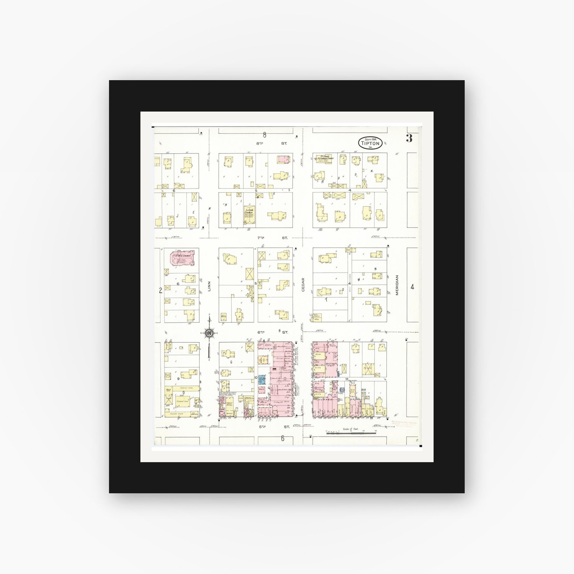 Old map wall art mockup — black gallery frame with white mat — Sanborn Fire Insurance Map from Tipton, Cedar County, Iowa (1914), Sheet #0003