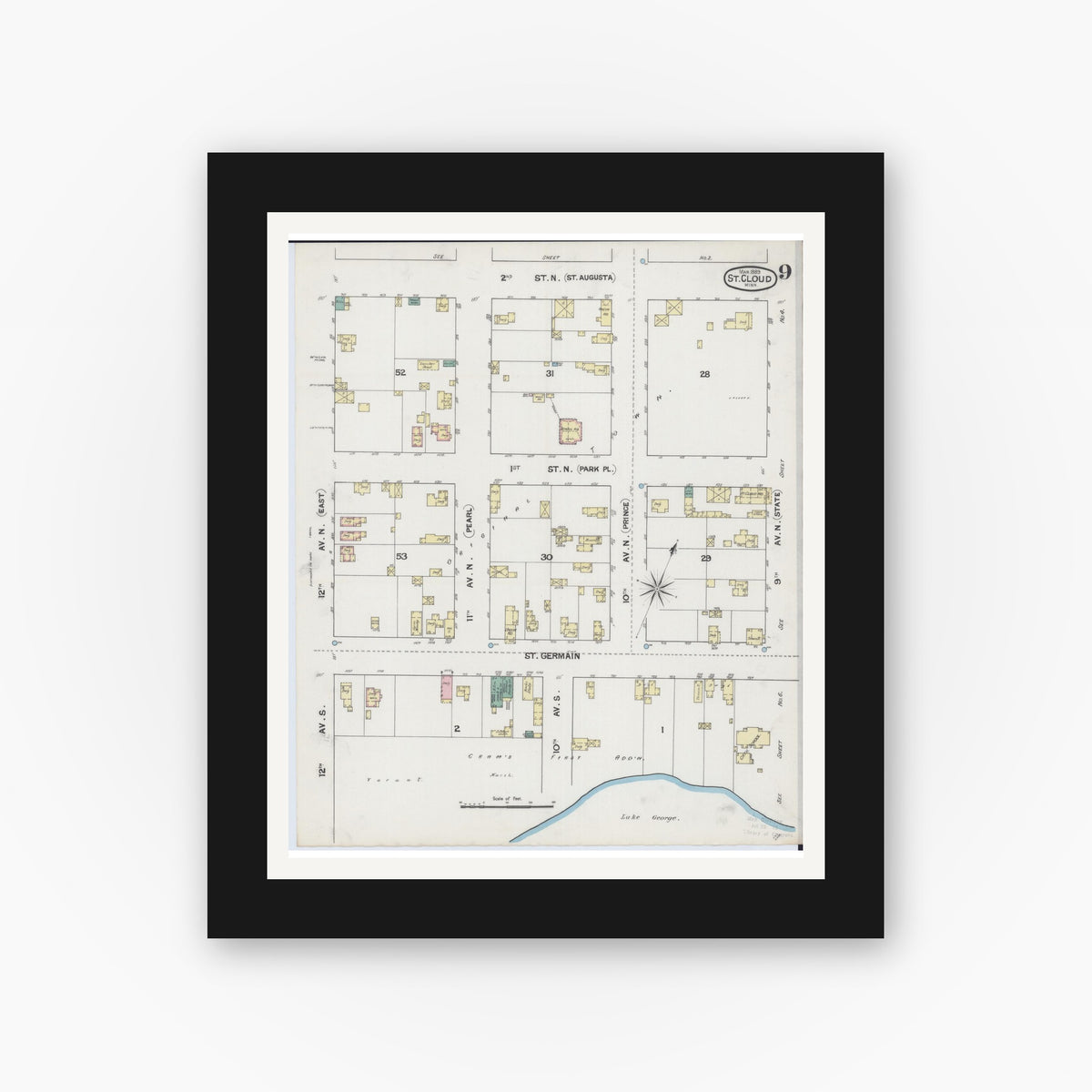 Old map wall art mockup — black gallery frame with white mat — Sanborn Fire Insurance Map from Saint Cloud, Stearns, Benton, and Sherburne Counties, Minnesota (1889), Sheet #0009
