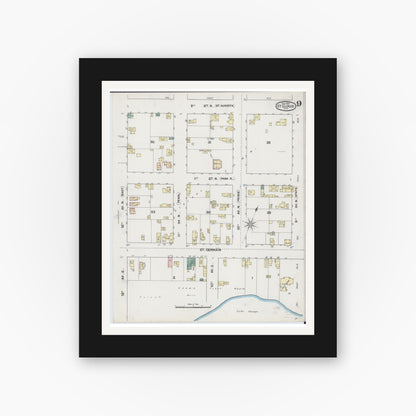 Old map wall art mockup — black gallery frame with white mat — Sanborn Fire Insurance Map from Saint Cloud, Stearns, Benton, and Sherburne Counties, Minnesota (1889), Sheet #0009