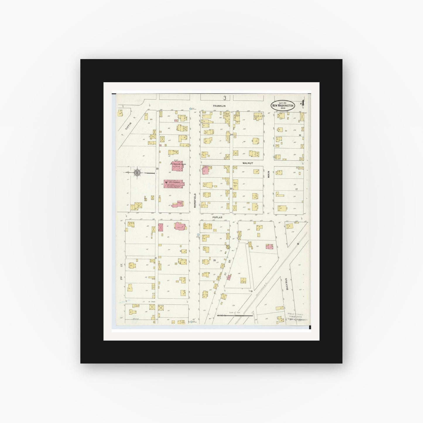 Old map wall art mockup — black gallery frame with white mat — Sanborn Fire Insurance Map from New Washington, Crawford County, Ohio (1911), Sheet #0004