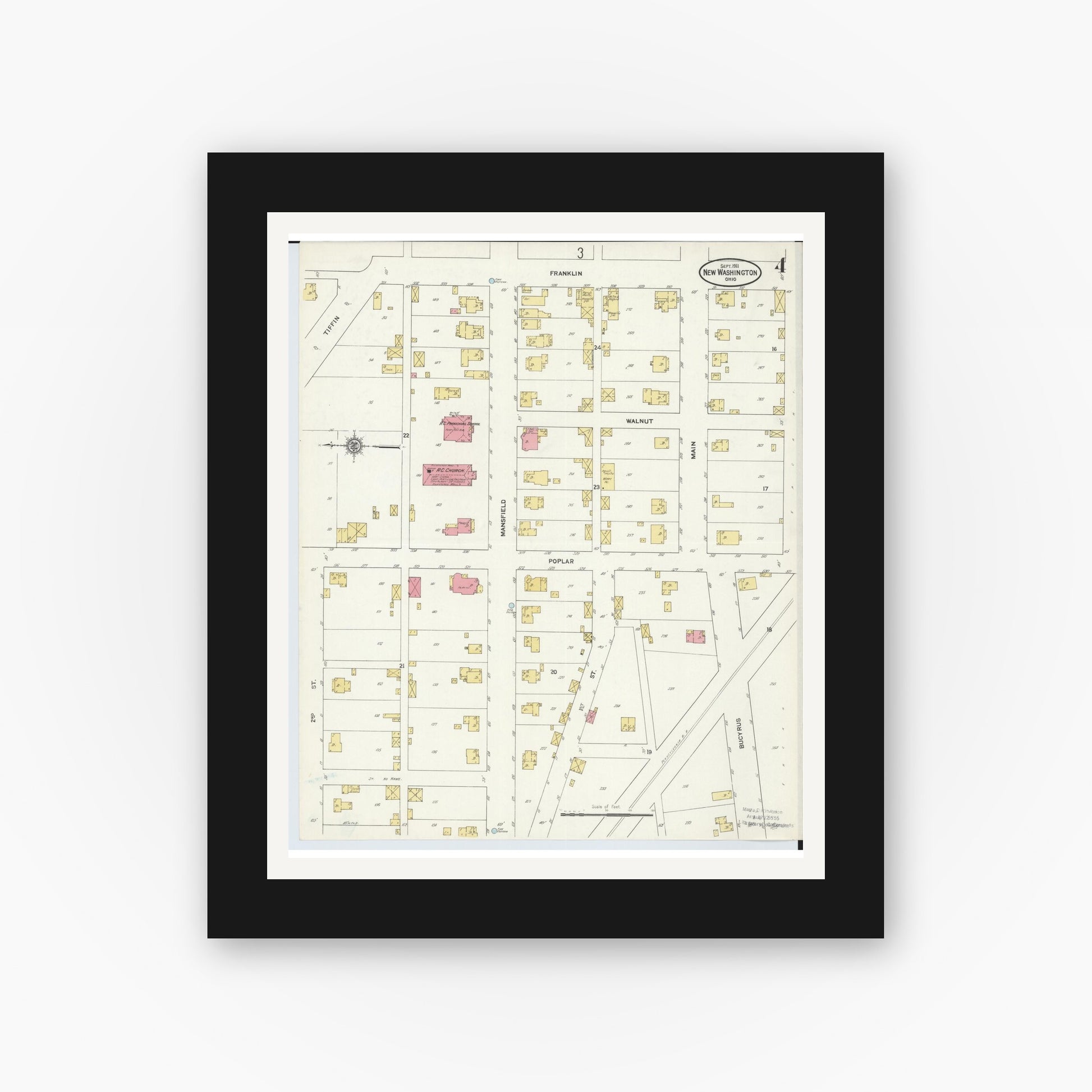 Old map wall art mockup — black gallery frame with white mat — Sanborn Fire Insurance Map from New Washington, Crawford County, Ohio (1911), Sheet #0004