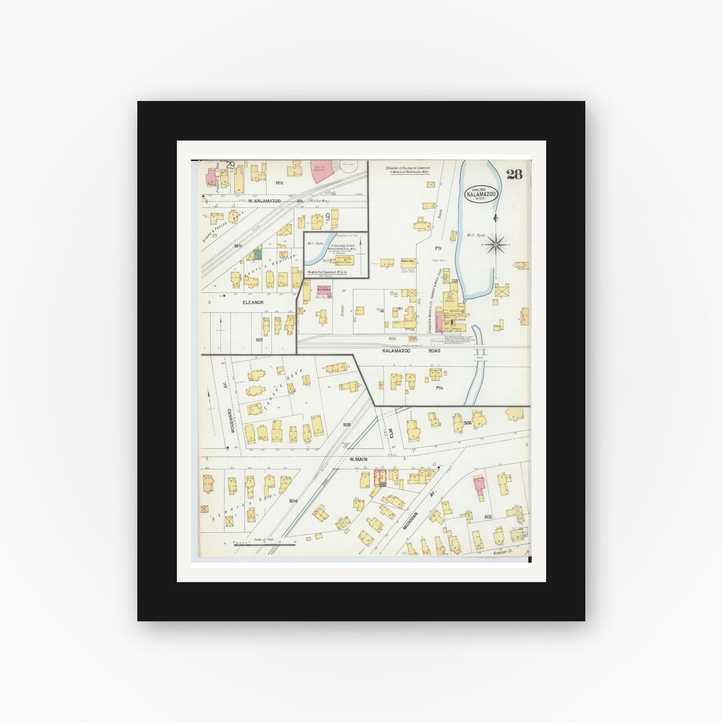 Old map wall art mockup — black gallery frame with white mat — Sanborn Fire Insurance Map from Kalamazoo, Kalamazoo County, Michigan (1902), Sheet #0028