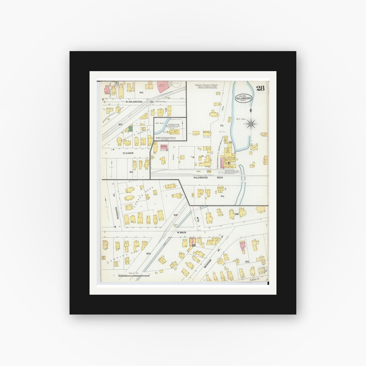 Old map wall art mockup — black gallery frame with white mat — Sanborn Fire Insurance Map from Kalamazoo, Kalamazoo County, Michigan (1902), Sheet #0028