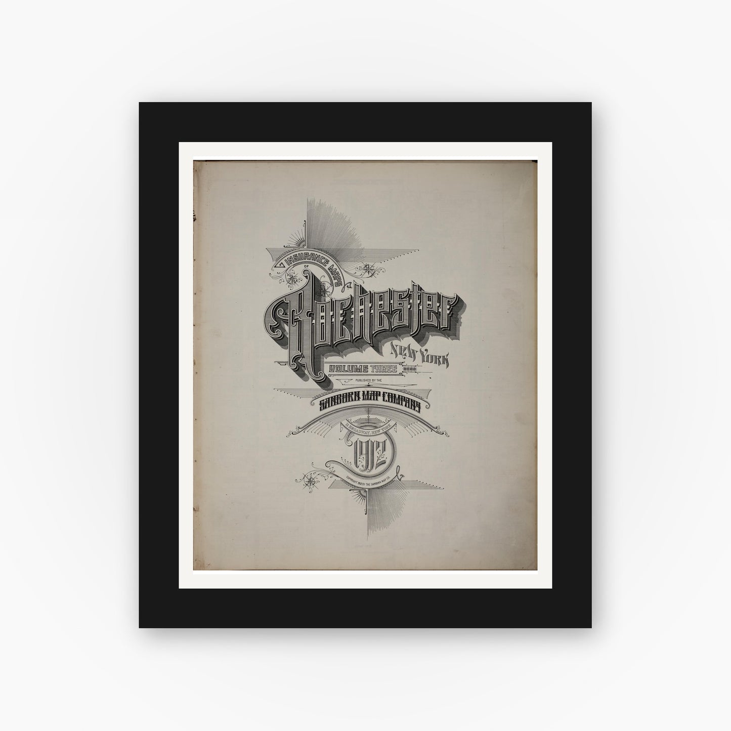 Old map wall art mockup — black gallery frame with white mat — Sanborn Fire Insurance Map from Rochester, Monroe County, New York (1912), Sheet #0001