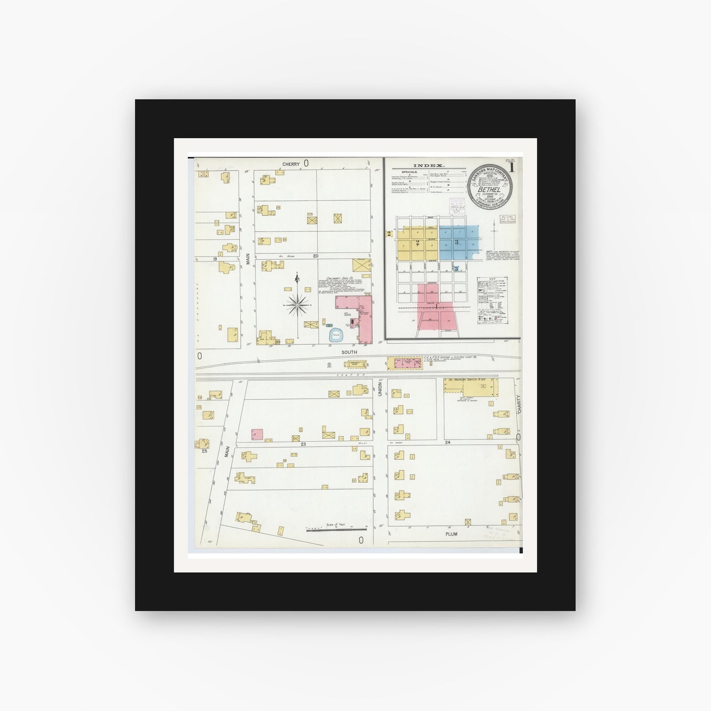 Old map wall art mockup — black gallery frame with white mat — Sanborn Fire Insurance Map from Bethel, Clermont County, Ohio (1904) - Complete Map Set