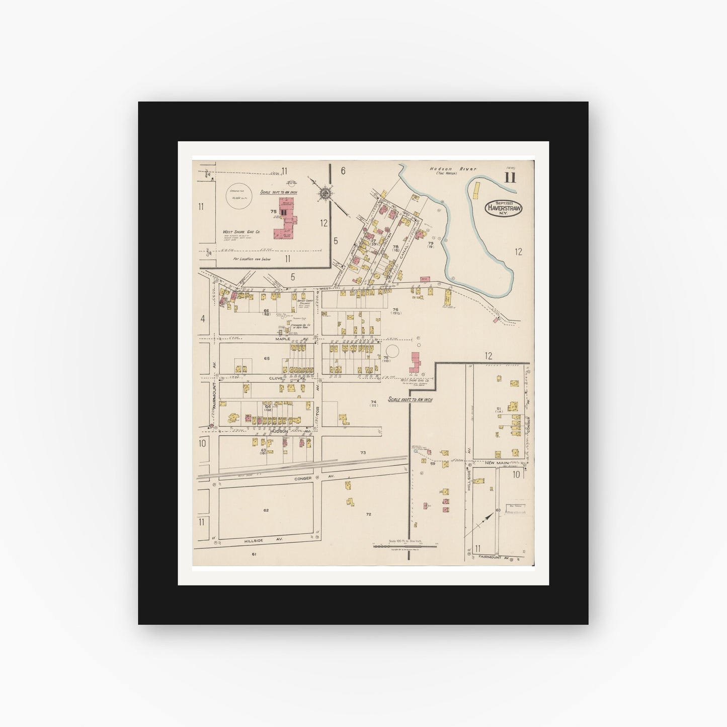 Old map wall art mockup — black gallery frame with white mat — Sanborn Fire Insurance Map from Haverstraw, Rockland County, New York (1921), Sheet #0011