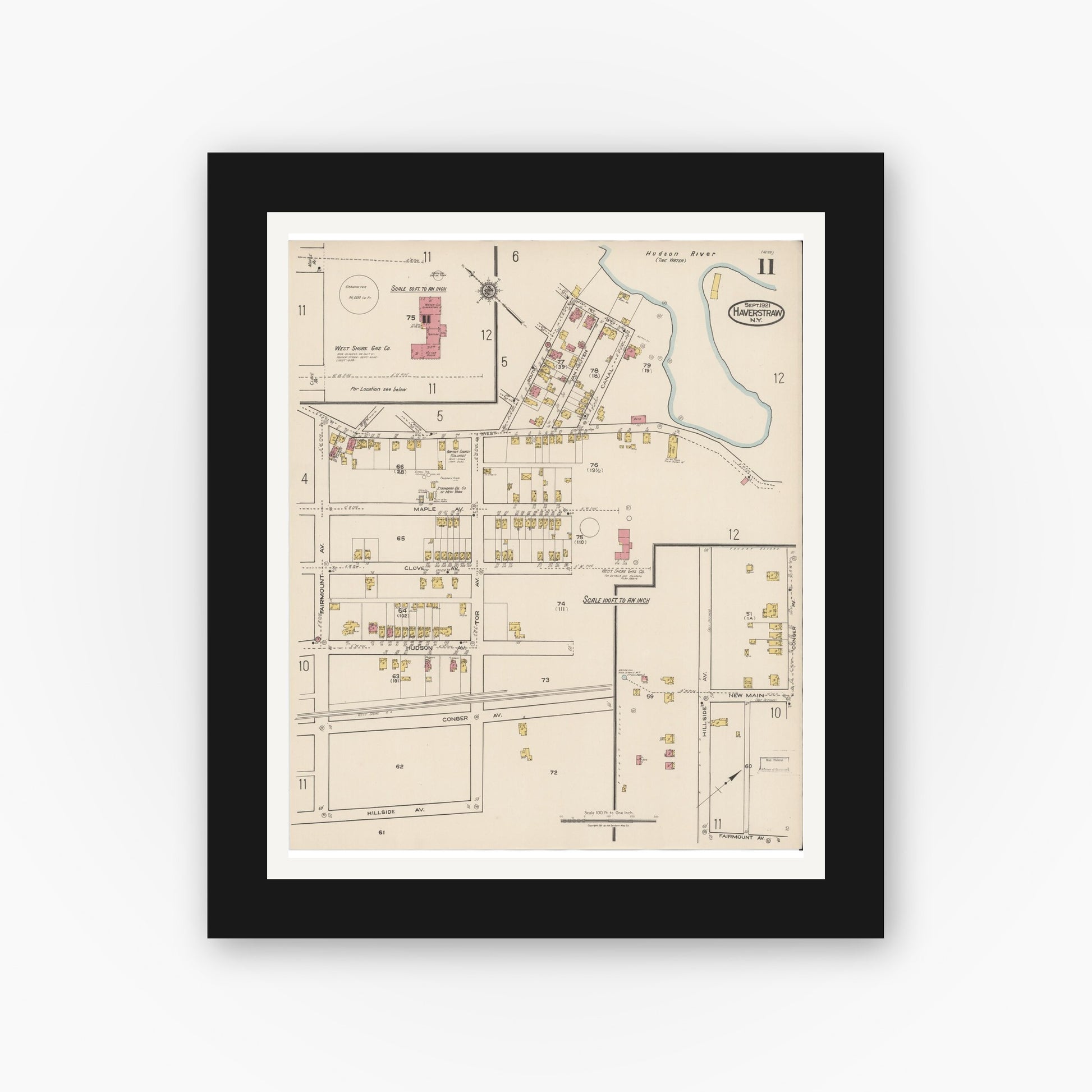 Old map wall art mockup — black gallery frame with white mat — Sanborn Fire Insurance Map from Haverstraw, Rockland County, New York (1921), Sheet #0011