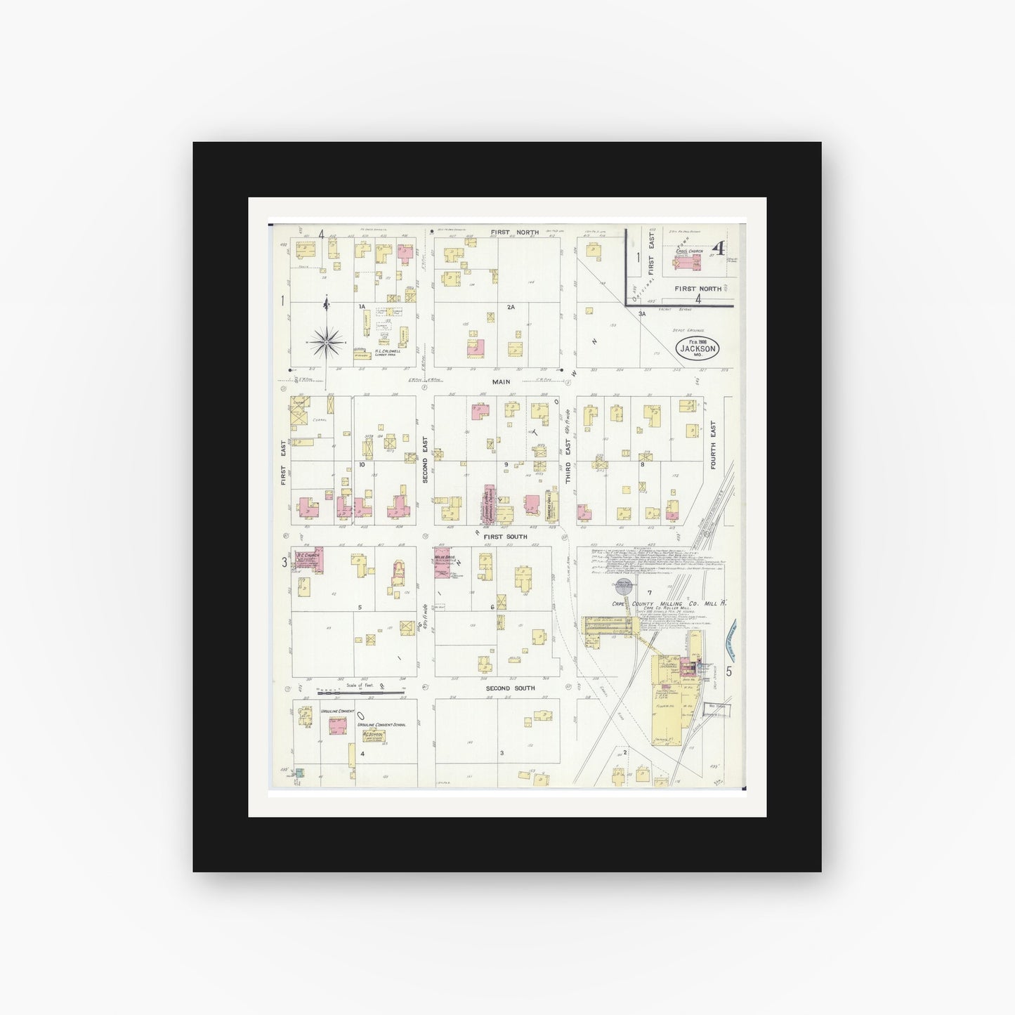 Old map wall art mockup — black gallery frame with white mat — Sanborn Fire Insurance Map from Jackson, Cape Girardeau County, Missouri (1908), Sheet #0004