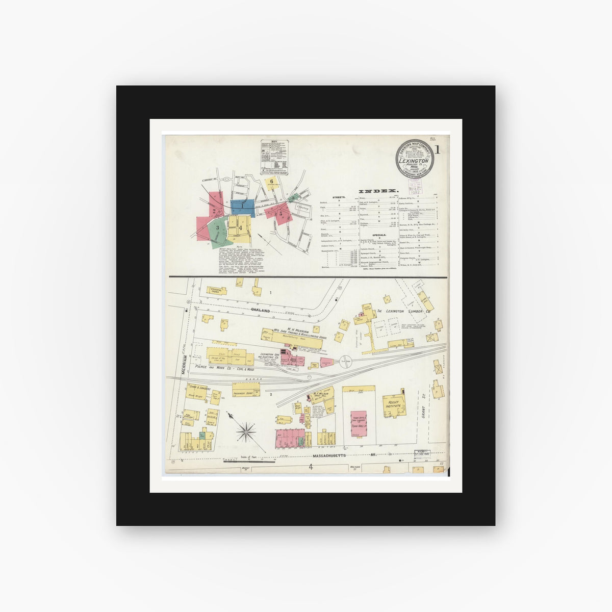 Old map wall art mockup — black gallery frame with white mat — Sanborn Fire Insurance Map from Lexington, Middlesex County, Massachusetts (1903) - Complete Map Set