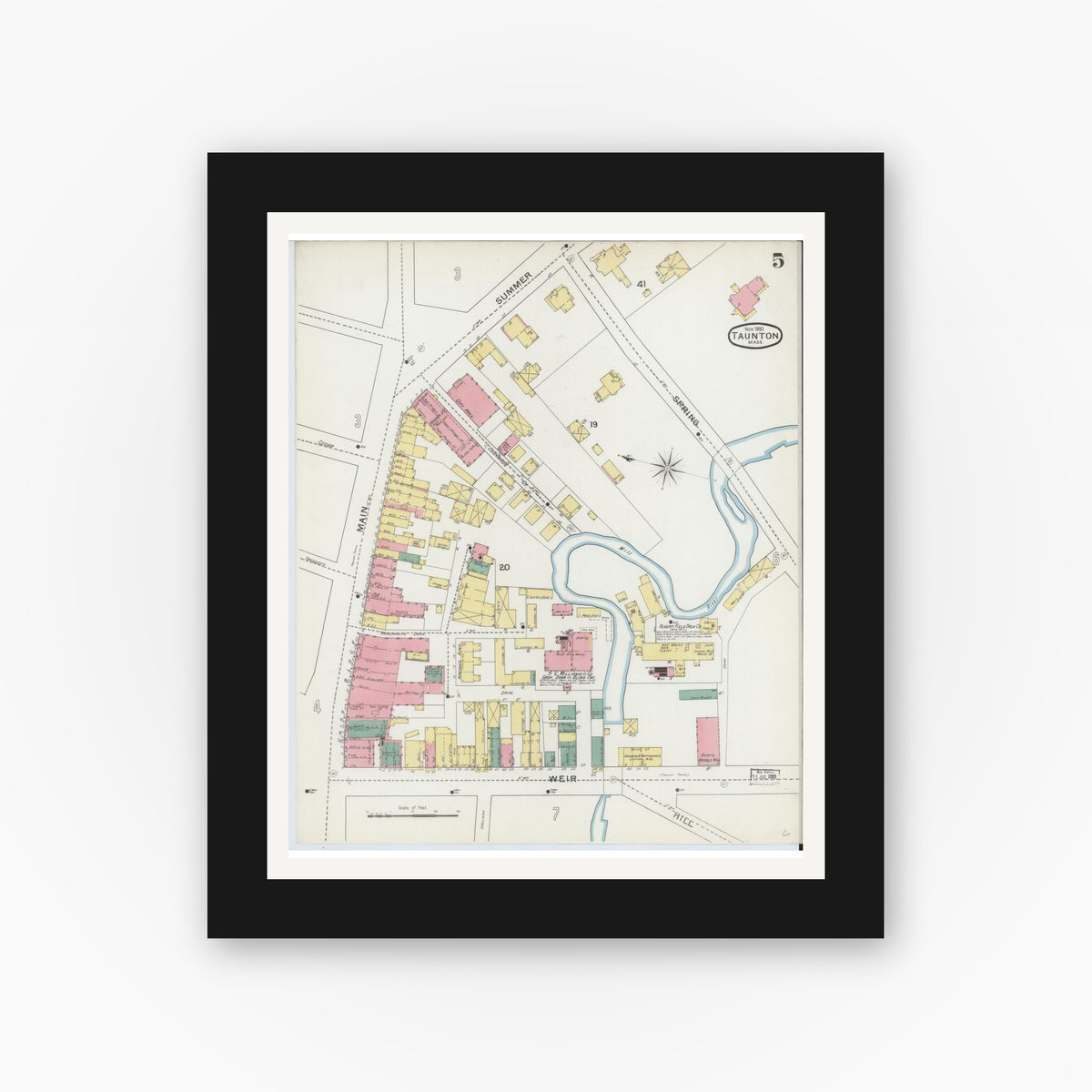 Old map wall art mockup — black gallery frame with white mat — Sanborn Fire Insurance Map from Taunton, Bristol County, Massachusetts (1893), Sheet #0005